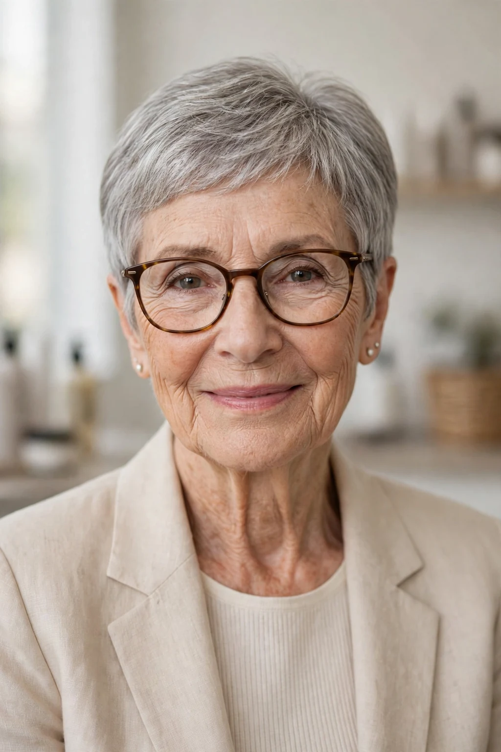 Elegant woman over 70 with glasses and classic short cut, timeless beautiful style, salon light.