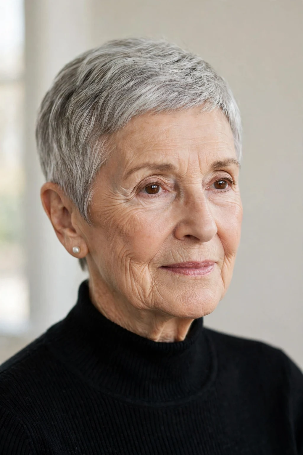 Elegant woman over 70 with classic short cut, timeless beautiful crop, salon light.