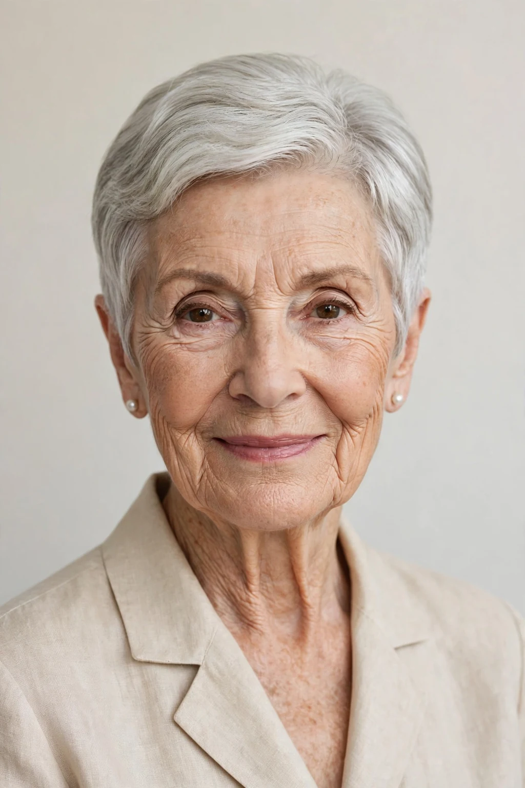 Elegant woman over 80 with classic short cut, timeless beautiful style, salon light.