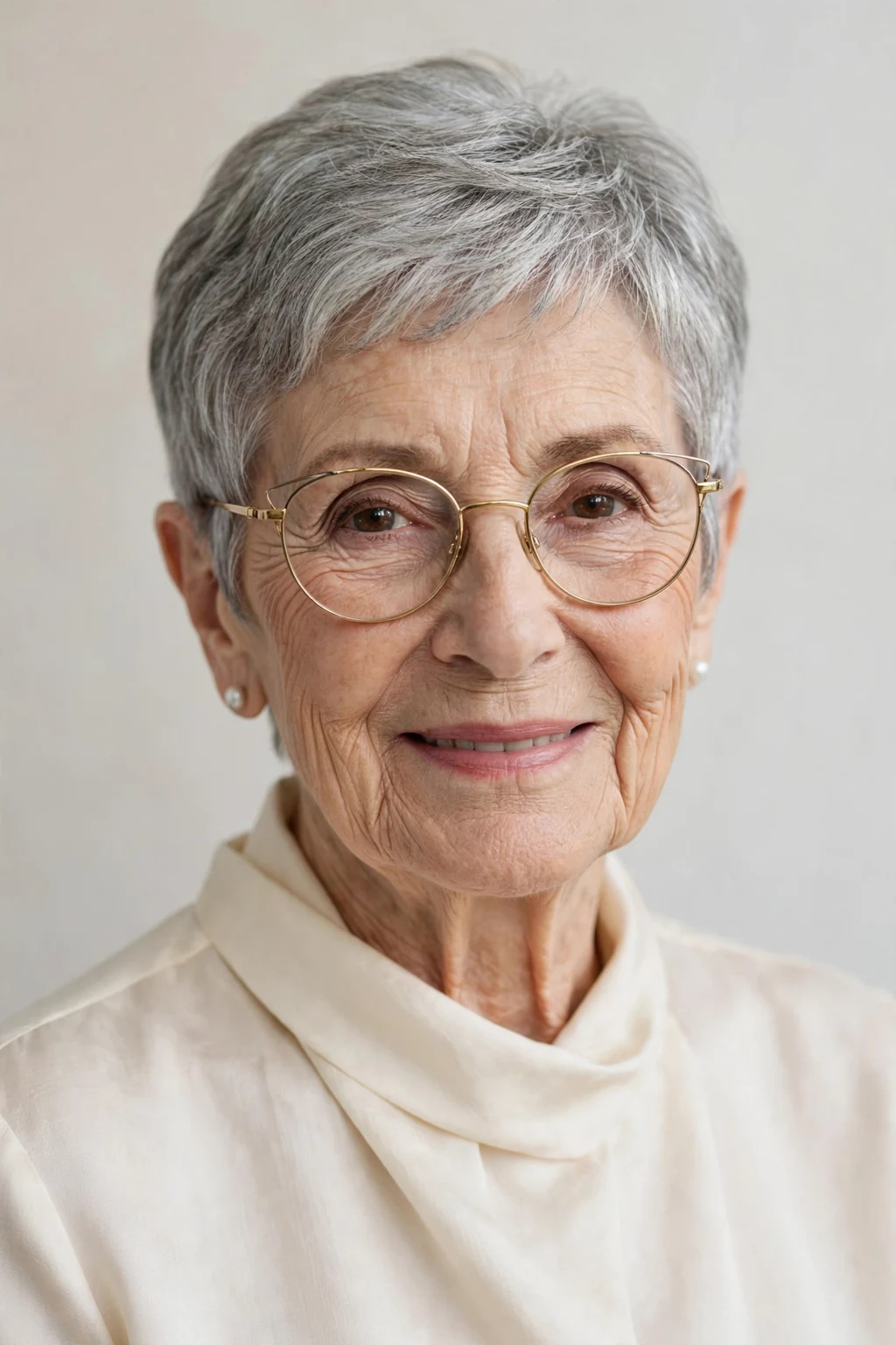 Elegant woman over 80 with glasses and classic short cut, timeless beautiful style, salon light.