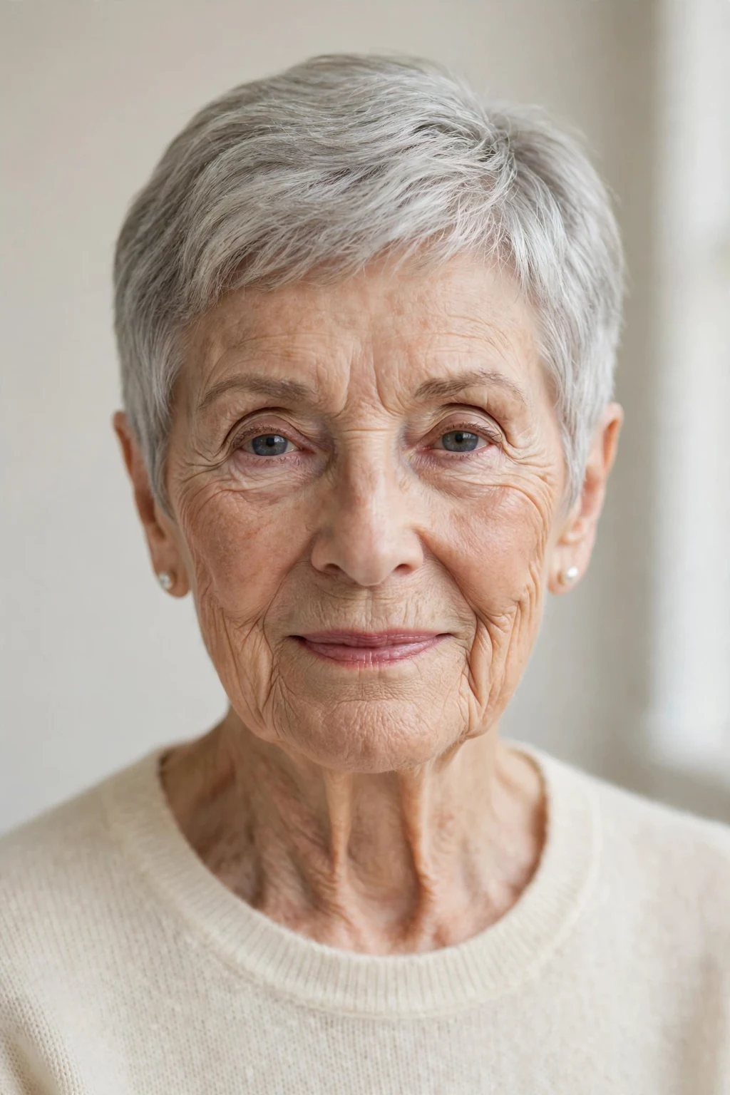 Elegant woman over 80 with classic short cut, timeless beautiful crop, salon light.