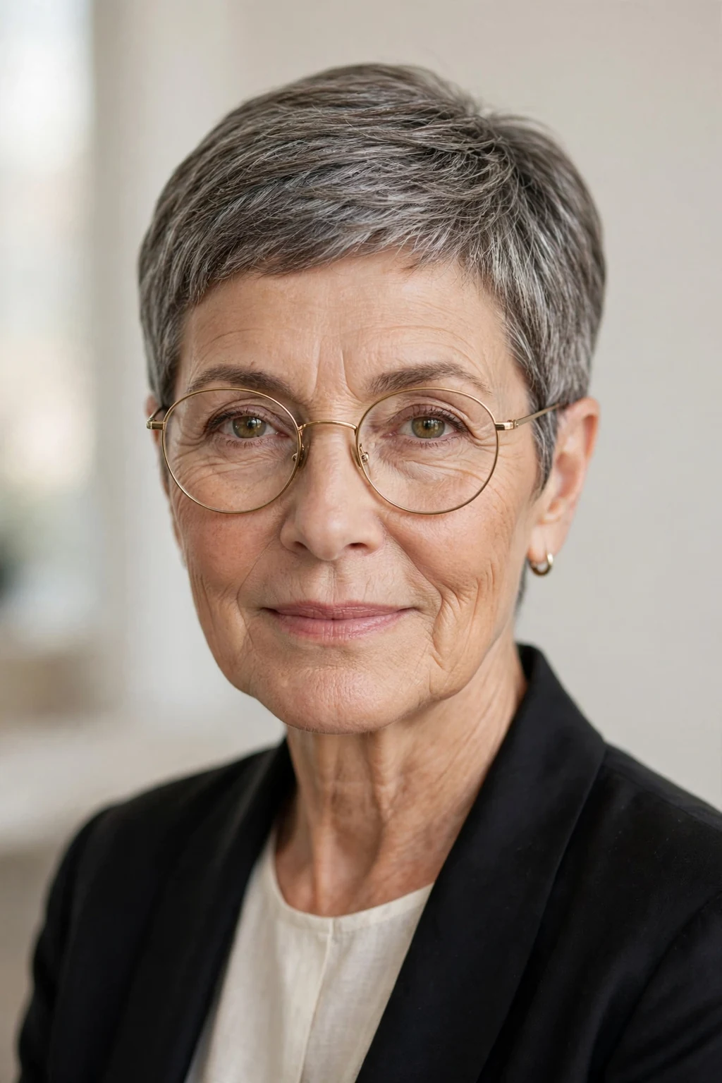 Elegant woman over 50 with glasses and classic short cut, timeless beautiful style, salon light.