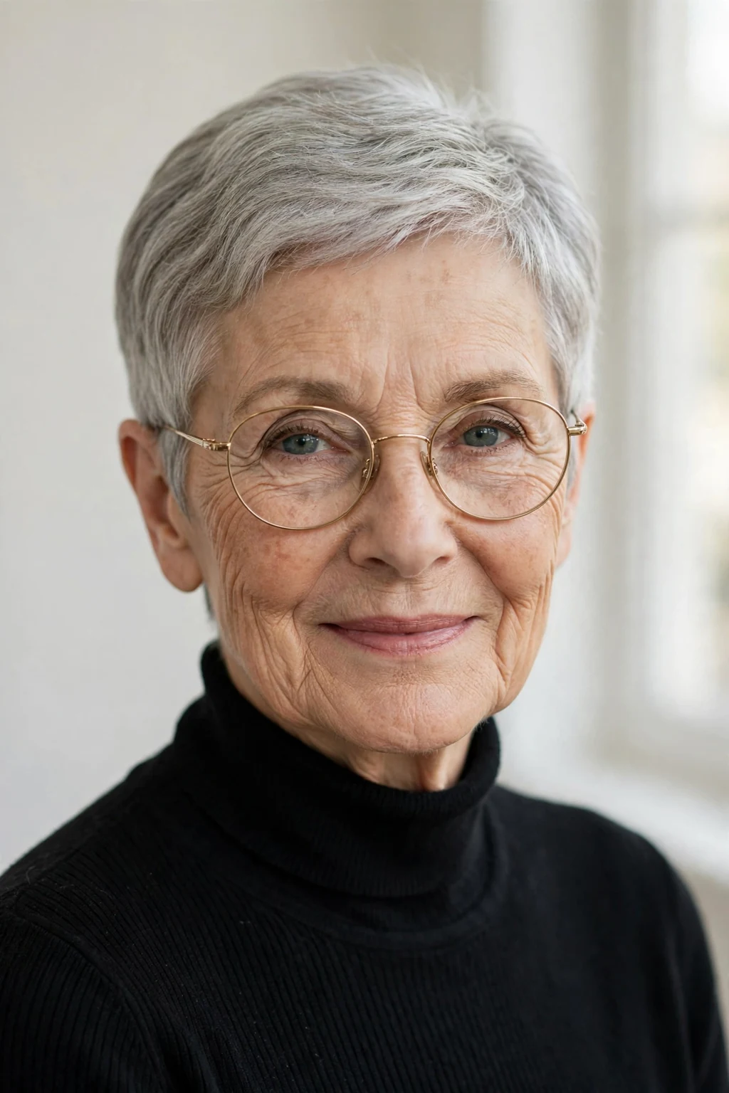 Elegant woman over 60 with glasses and classic short cut, timeless beautiful style, salon light.