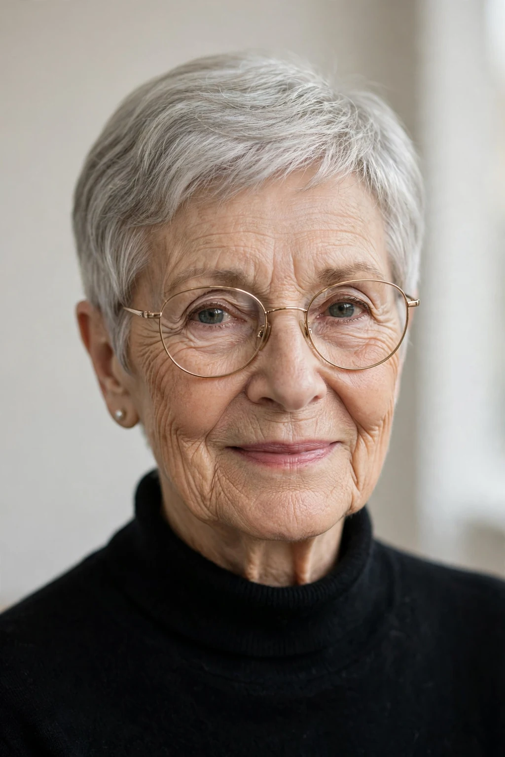Elegant woman over 70 with glasses and classic short cut, timeless beautiful style, salon light.