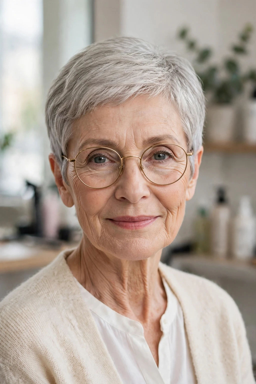 Elegant woman over 60 with fine hair and glasses and classic short cut, timeless beautiful style, salon light.