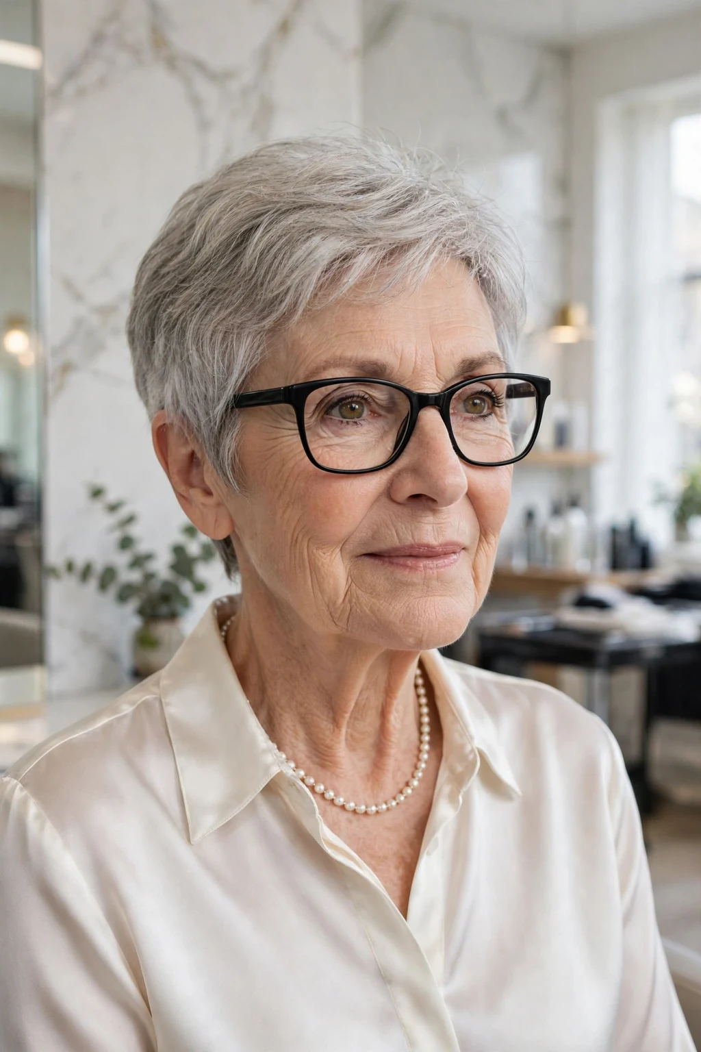 Elegant older woman over 70 with fine hair and glasses and classic short cut, timeless beautiful style, salon light.