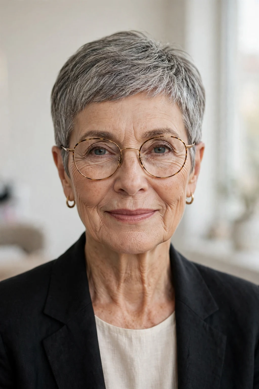 Elegant older woman with glasses and classic short cut, timeless beautiful style, salon light.