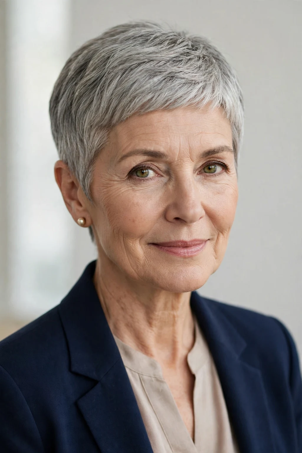 Elegant older woman over 50 with classic short cut, timeless beautiful style, salon light.