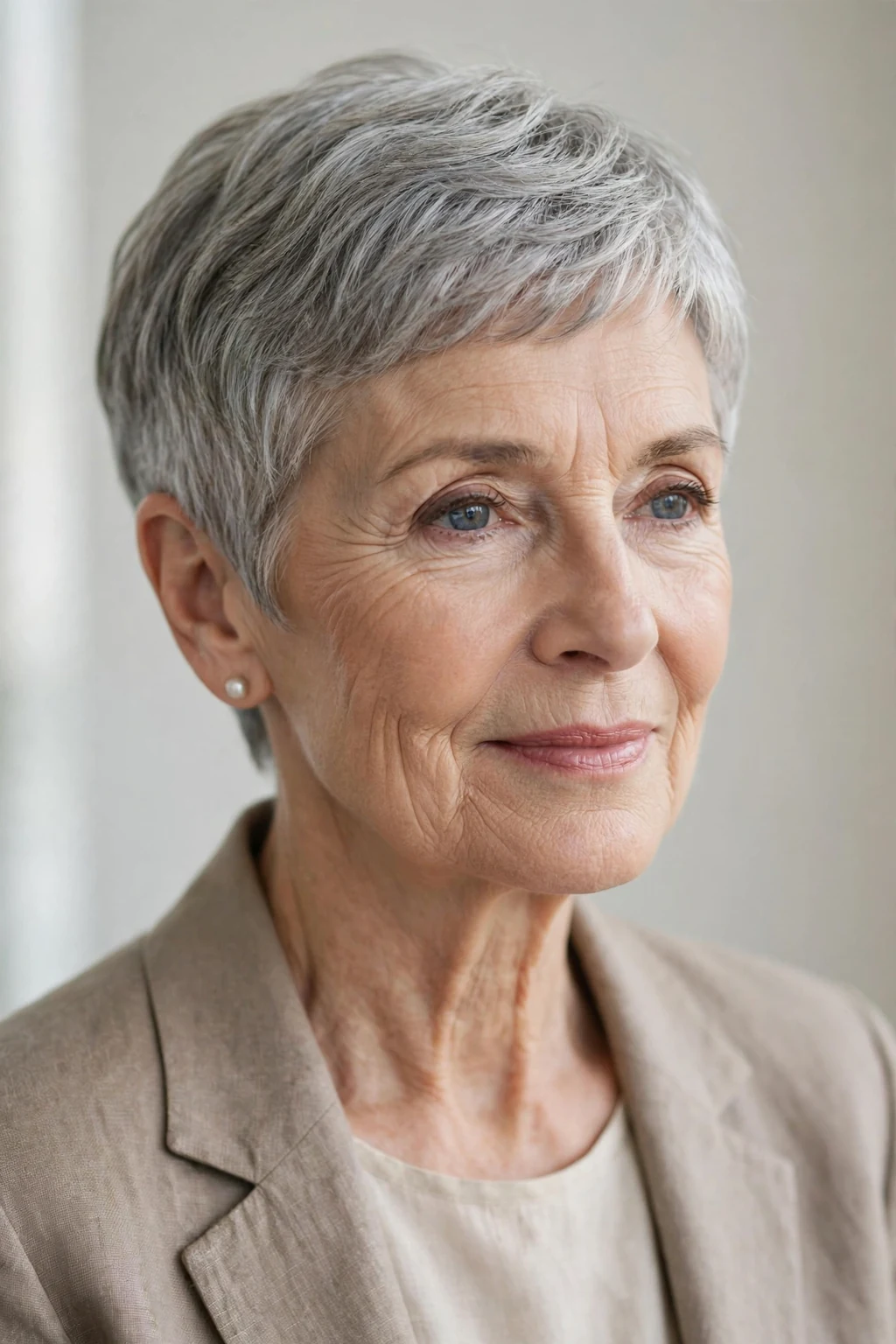 Elegant older woman over 60 with classic short cut, timeless beautiful style, salon light.