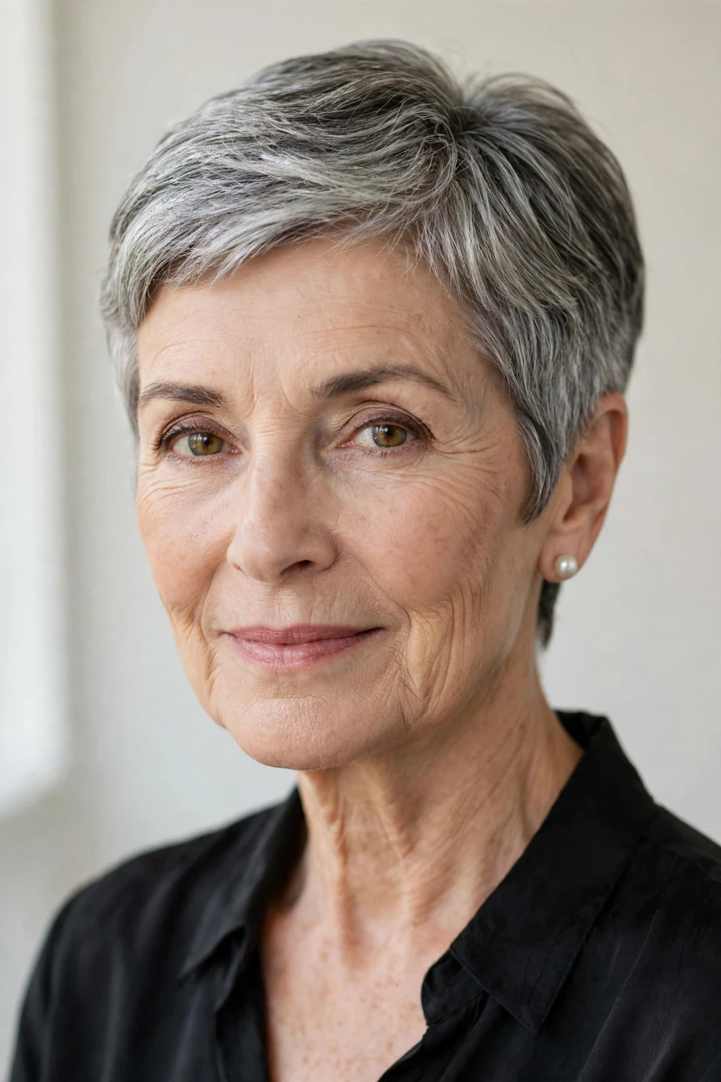 Elegant older woman with classic short cut, timeless beautiful style, salon light.
