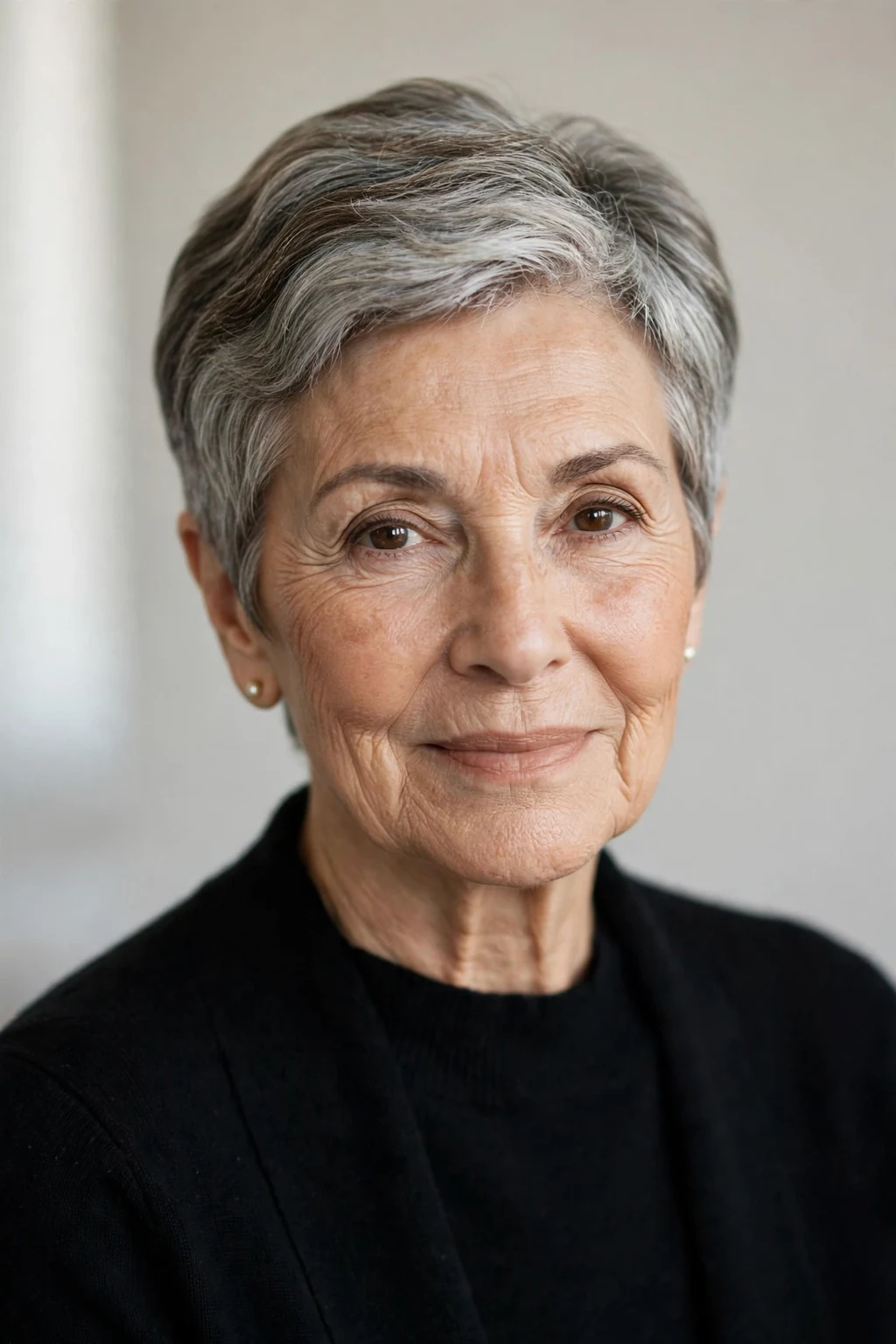 Elegant woman over 60 with classic short cut, timeless beautiful style, salon light.