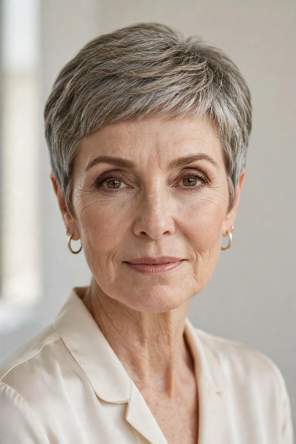 Elegant woman over 50 with classic short cut, timeless beautiful style, salon light.