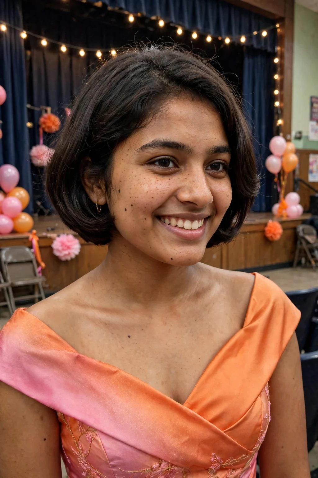 Young woman aged 18 to 20 with classic short pageboy bob hairstyle for prom, a school auditorium stage decorated for prom.
