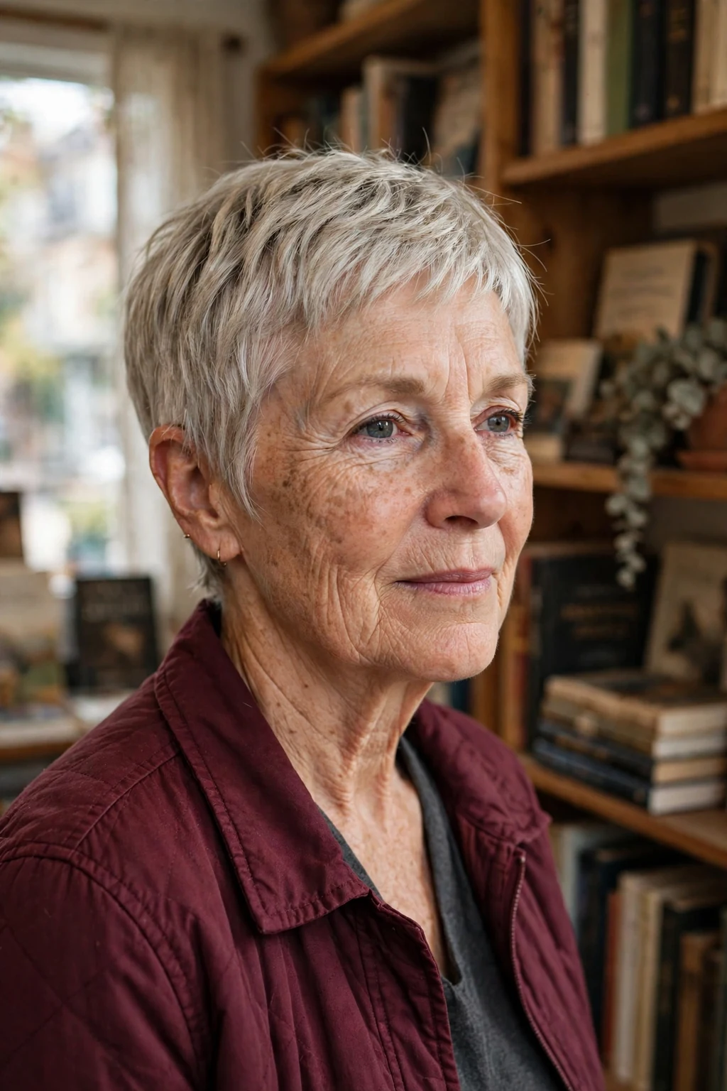 An older woman with a classic short pixie haircut, wearing a burgundy jacket in a bookshop.