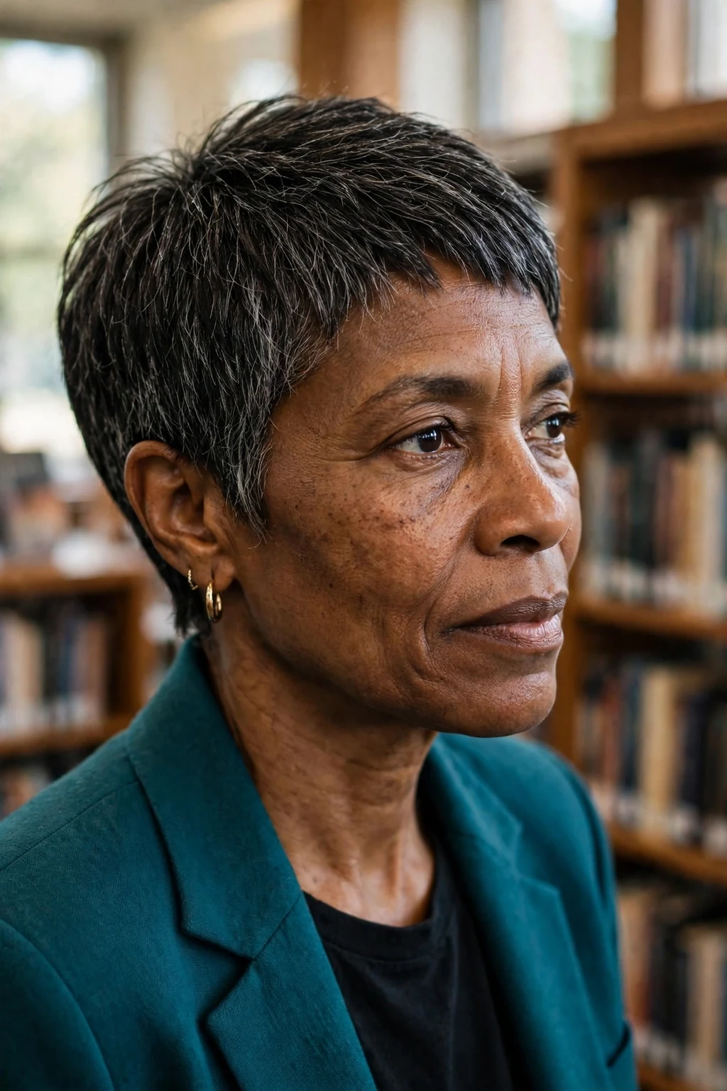 A Black woman in her late fifties with a classic short pixie haircut, wearing a teal blazer in a public library.