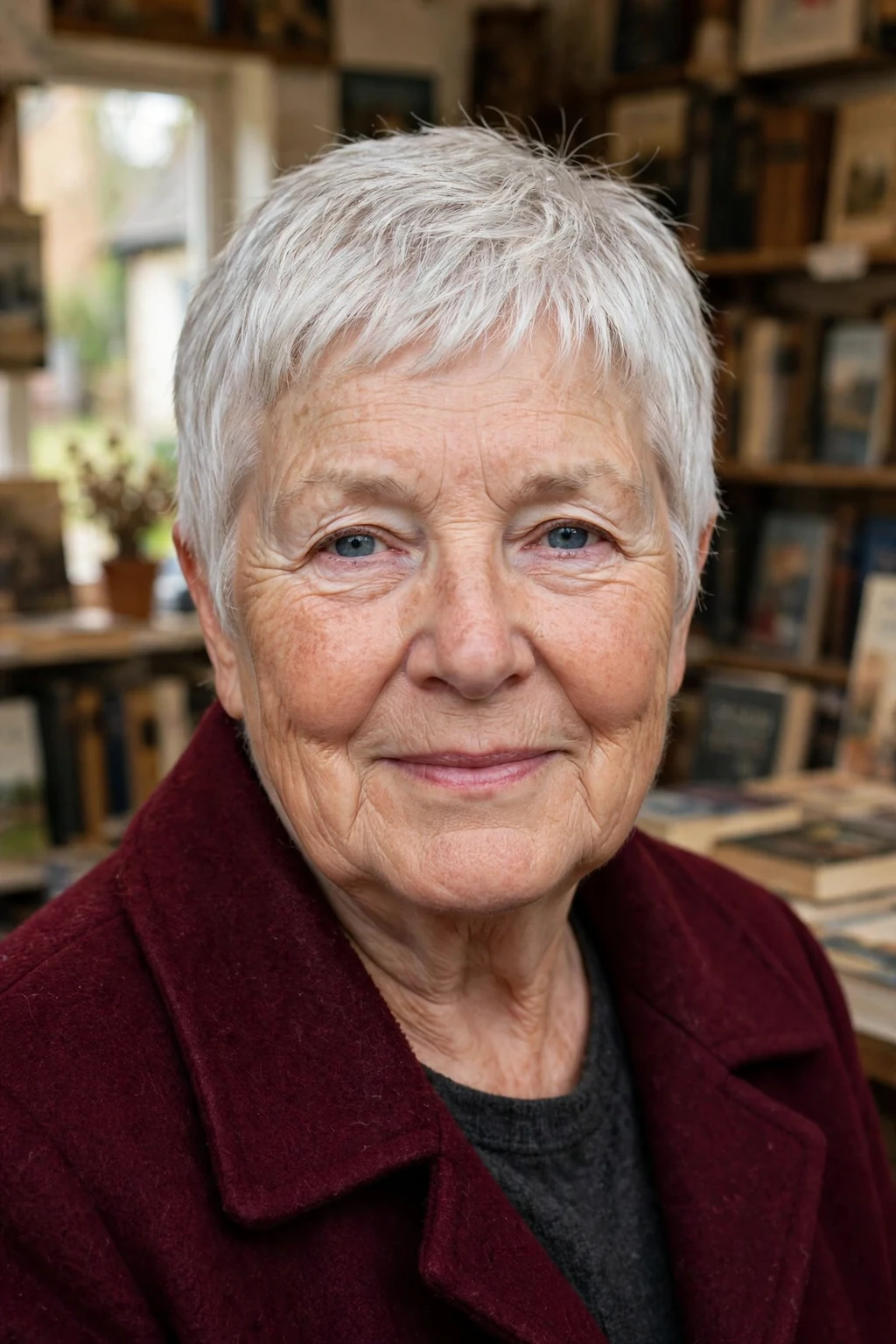Mature woman with a classic short pixie short haircut for fine hair, styled with soft volume.