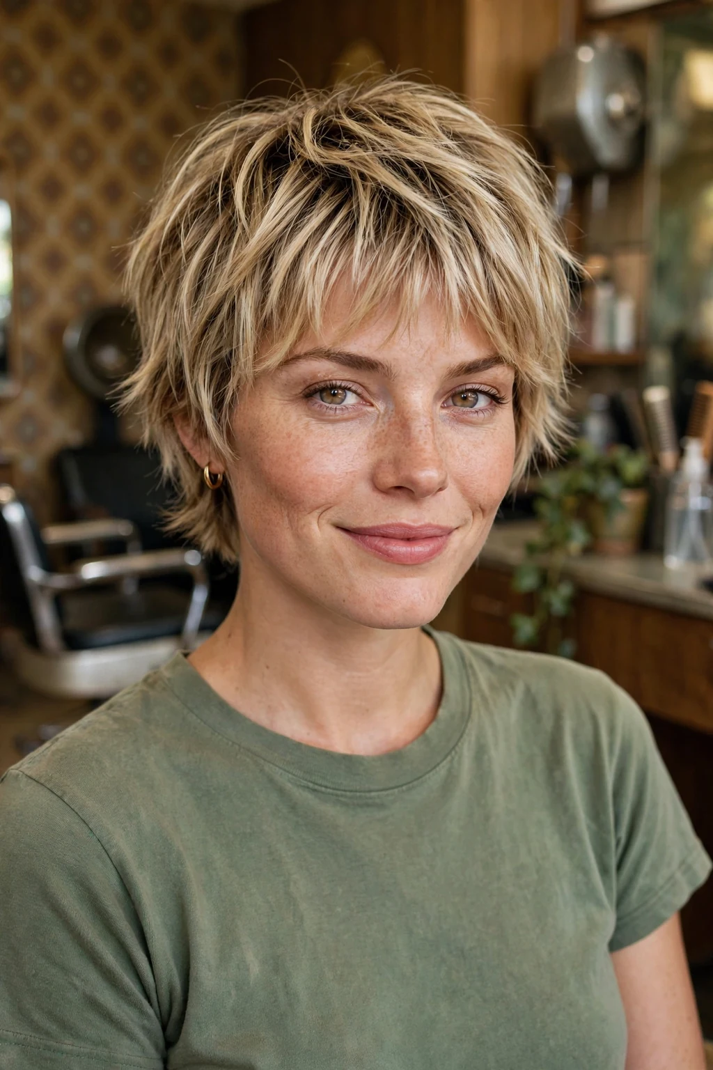 Beautiful woman with classic short shag, timeless textured short shag, salon light.