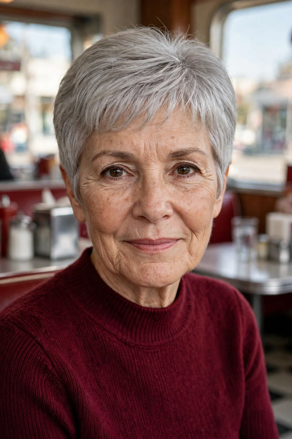 Mature woman with a classic short wedge short haircut for fine hair, styled with soft volume.