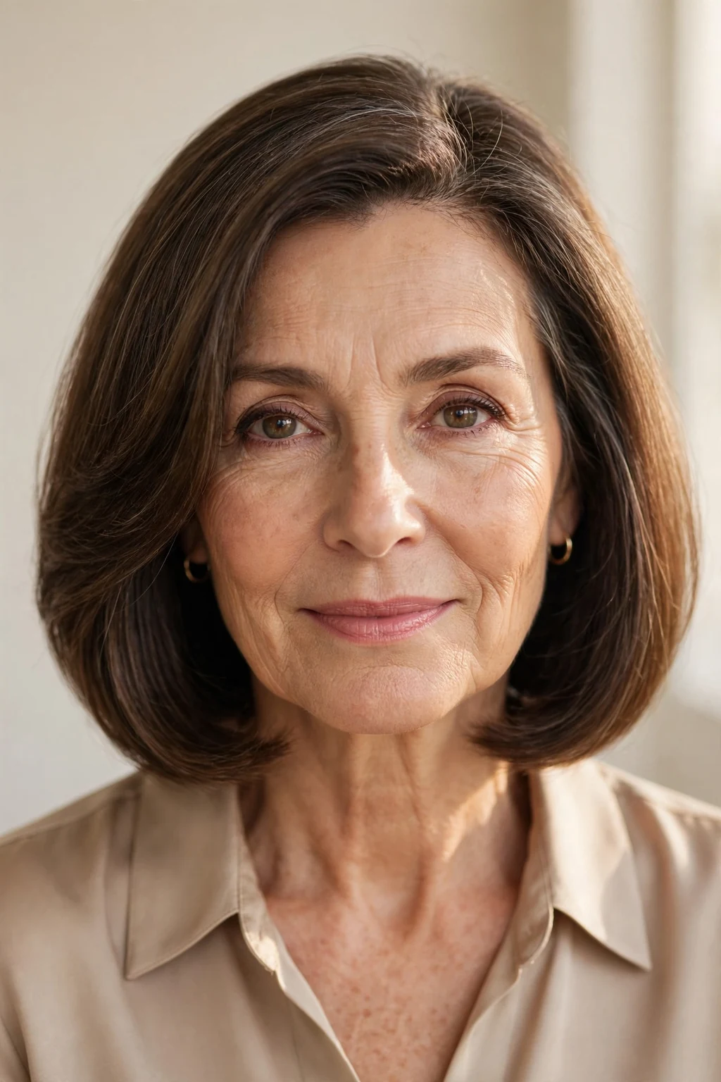 Elegant woman over 50 with classic shoulder cut, timeless beautiful style, warm light.