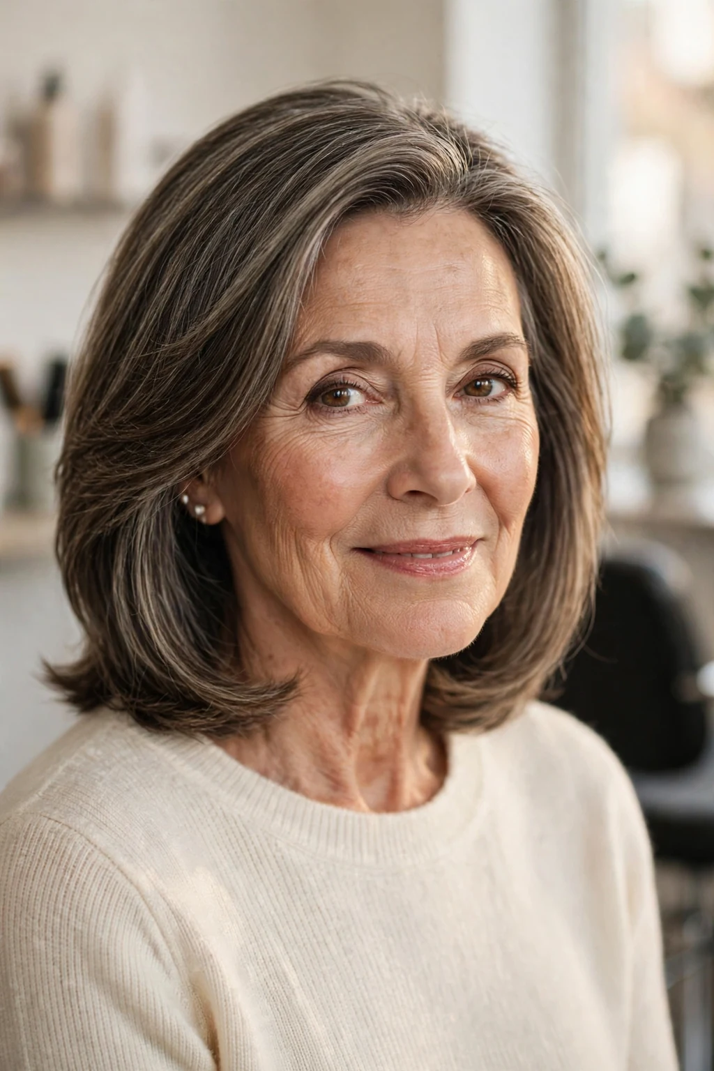 Elegant woman over 60 with classic shoulder cut, timeless beautiful style, warm light.