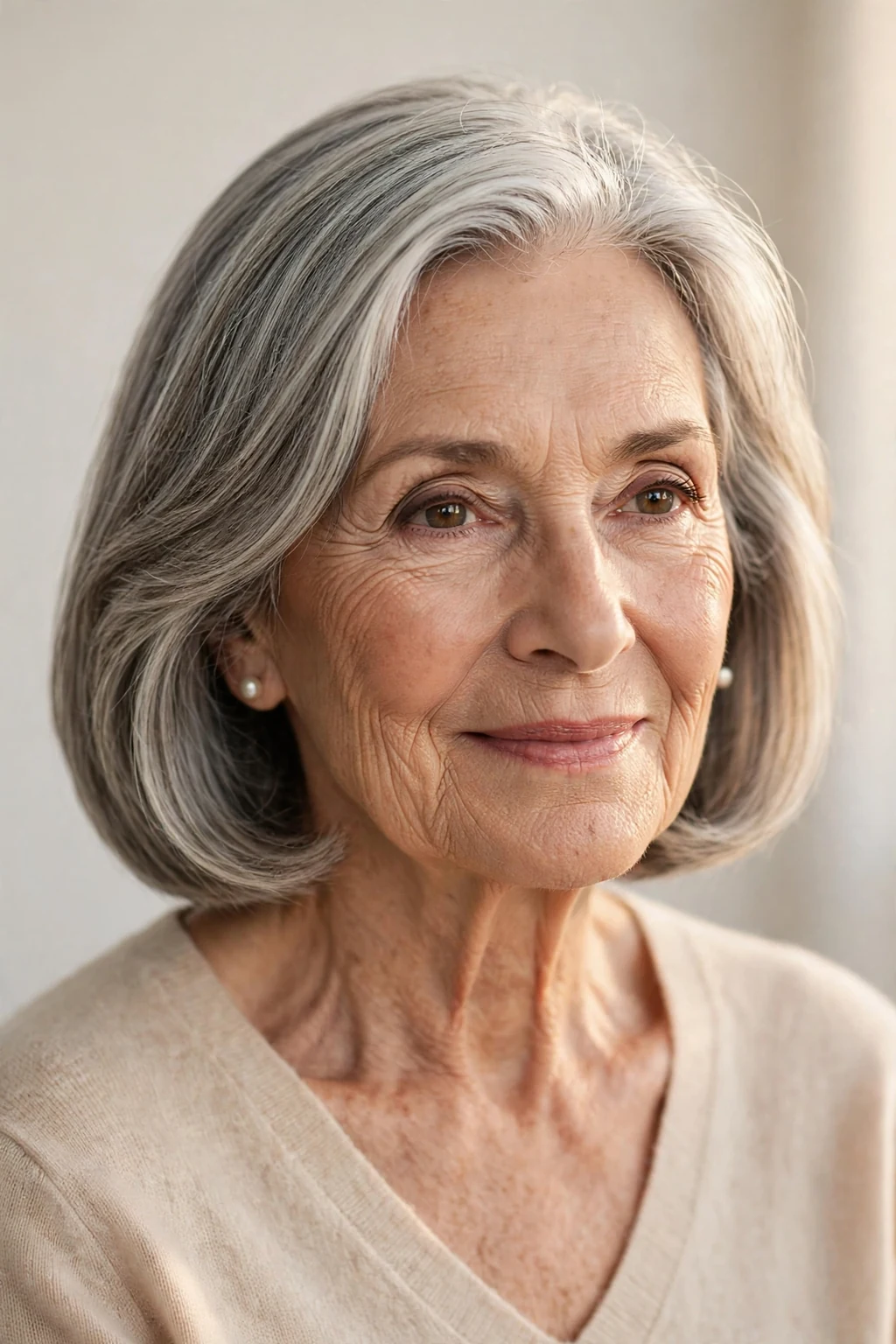 Elegant woman over 70 with classic shoulder cut, timeless beautiful style, warm light.