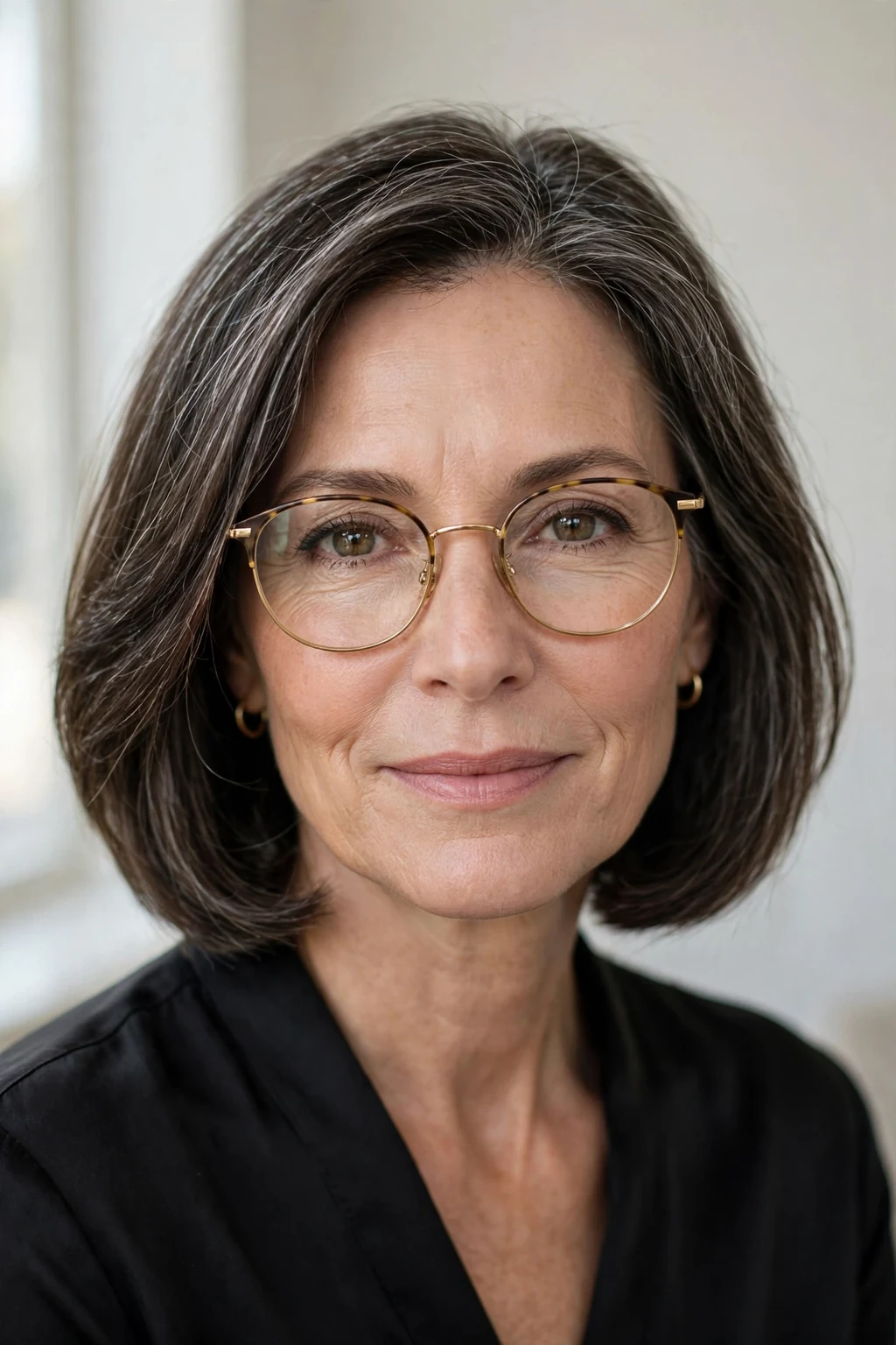 Elegant woman over 50 with glasses and classic shoulder-length cut, timeless beautiful style, salon light.