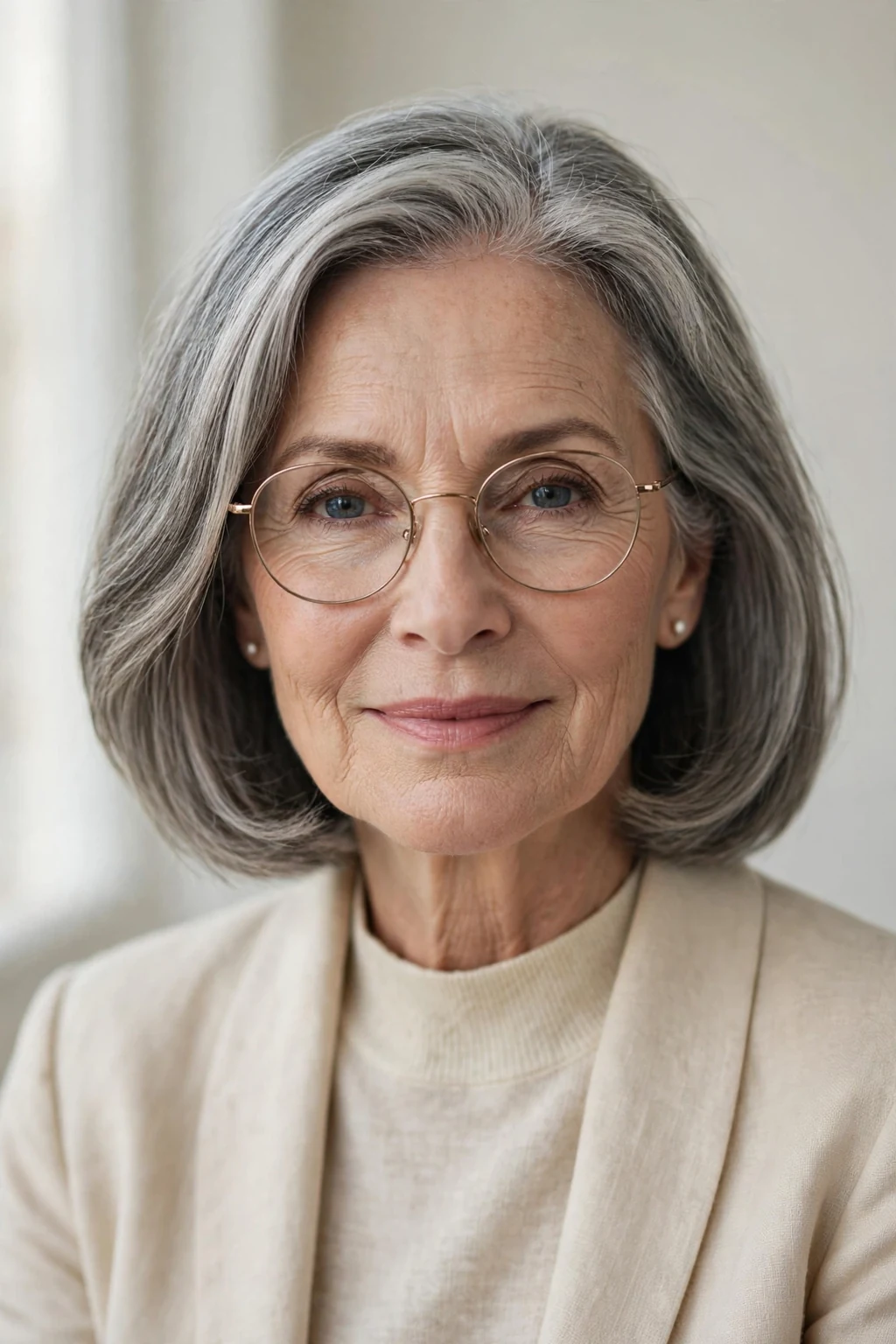 Elegant woman over 60 with glasses and classic shoulder-length cut, timeless beautiful style, salon light.