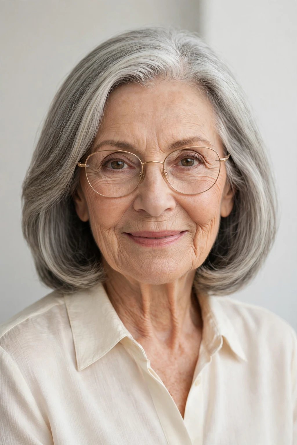 Elegant woman over 70 with glasses and classic shoulder-length cut, timeless beautiful style, salon light.