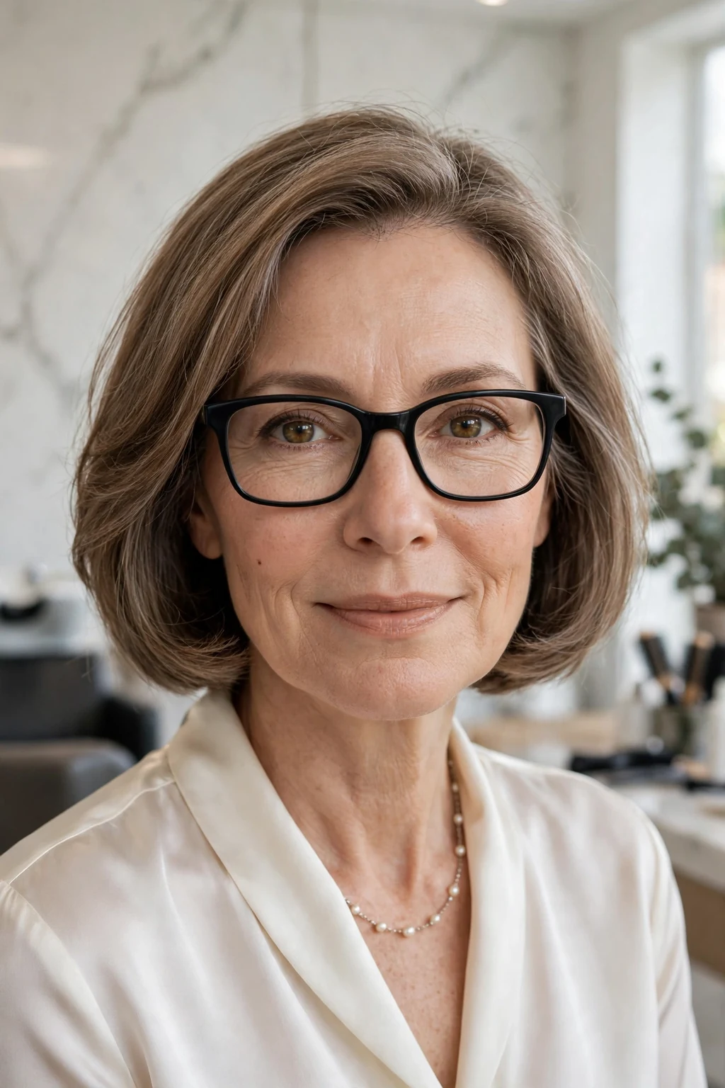 Elegant older woman over 50 with fine hair and glasses and classic shoulder-length cut, timeless beautiful style, salon light.