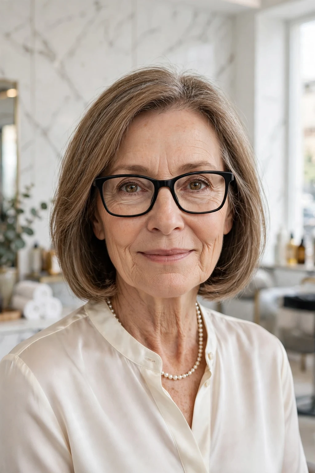 Elegant woman over 60 with fine hair and glasses and classic shoulder-length cut, timeless beautiful style, salon light.