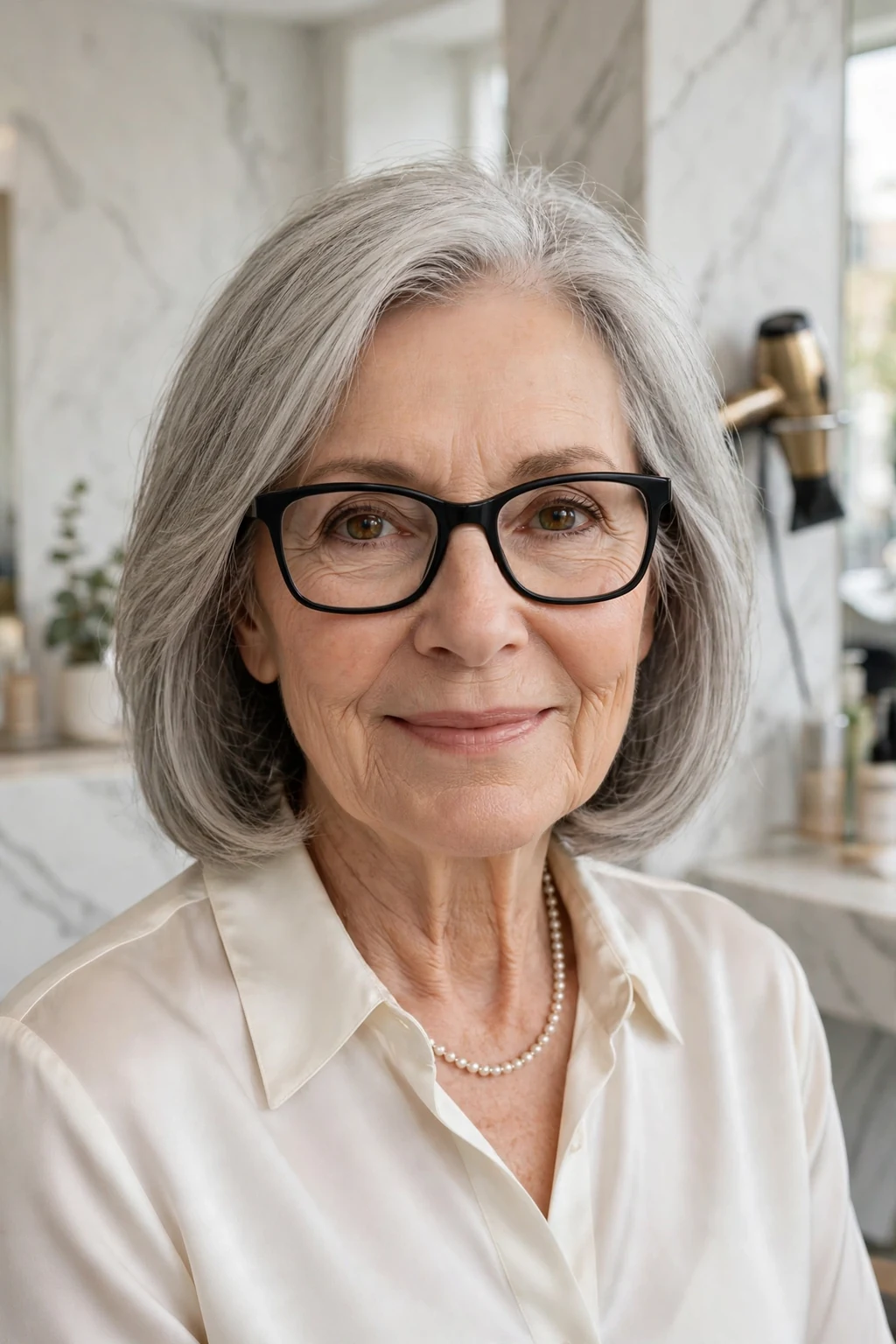 Elegant older woman over 70 with fine hair and glasses and classic shoulder-length cut, timeless beautiful style, salon light.