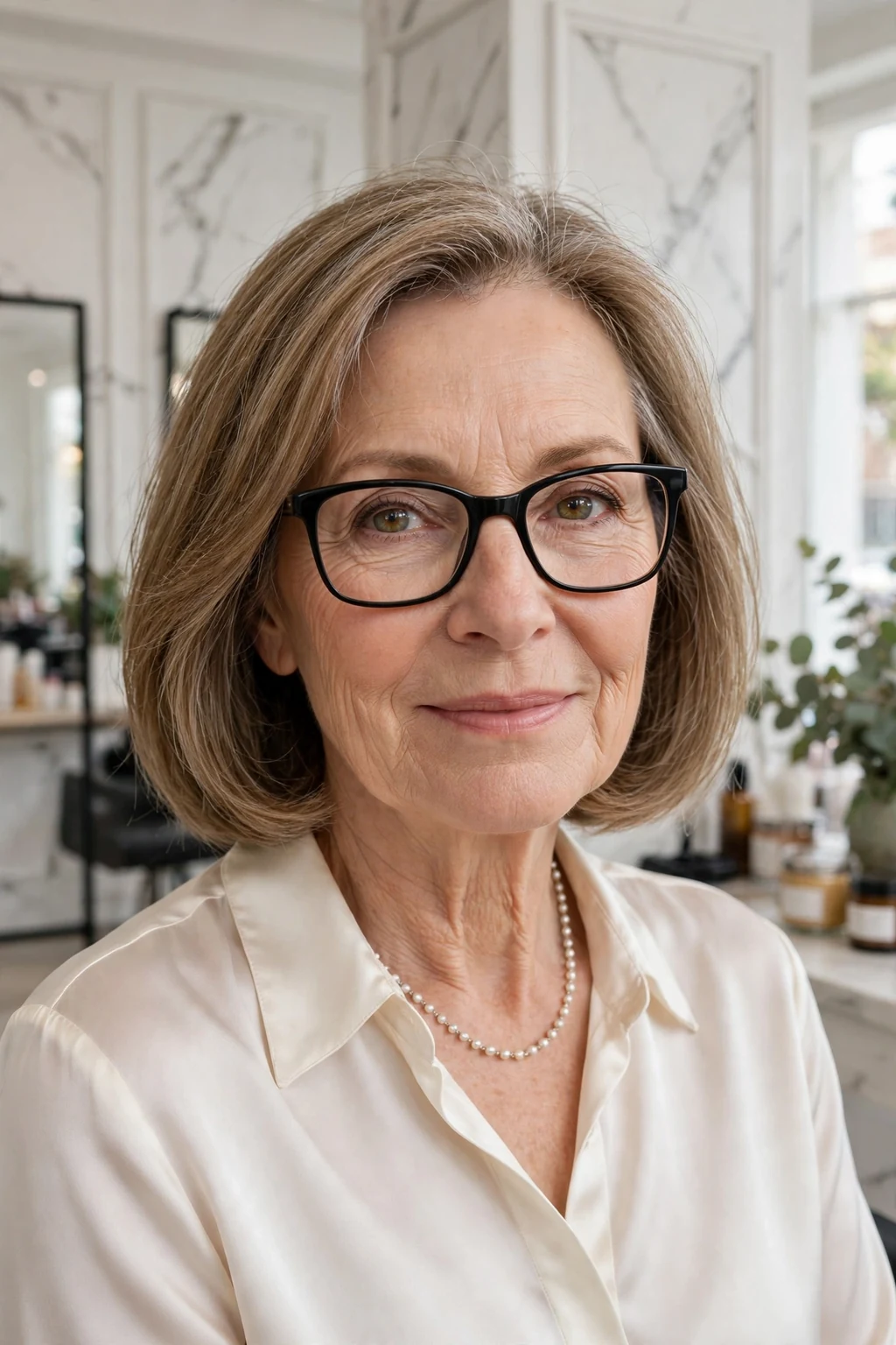 Elegant woman over 60 with fine hair and glasses and classic shoulder-length cut, timeless beautiful style, salon light.