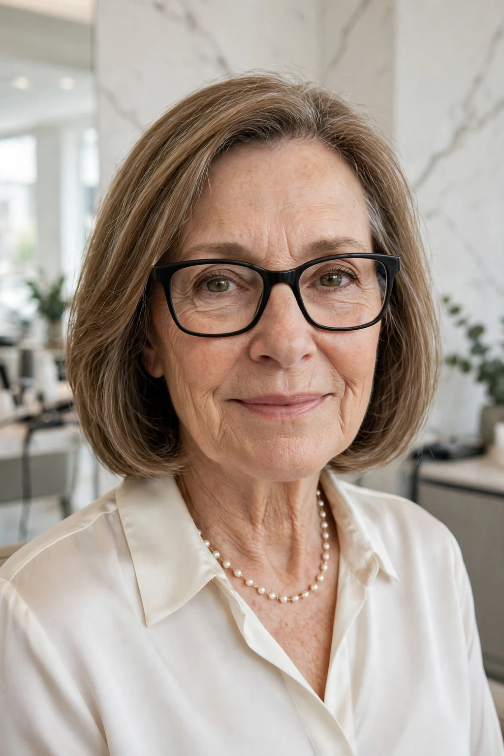 Elegant woman over 60 with fine hair and glasses and classic shoulder-length cut, timeless beautiful style, salon light.