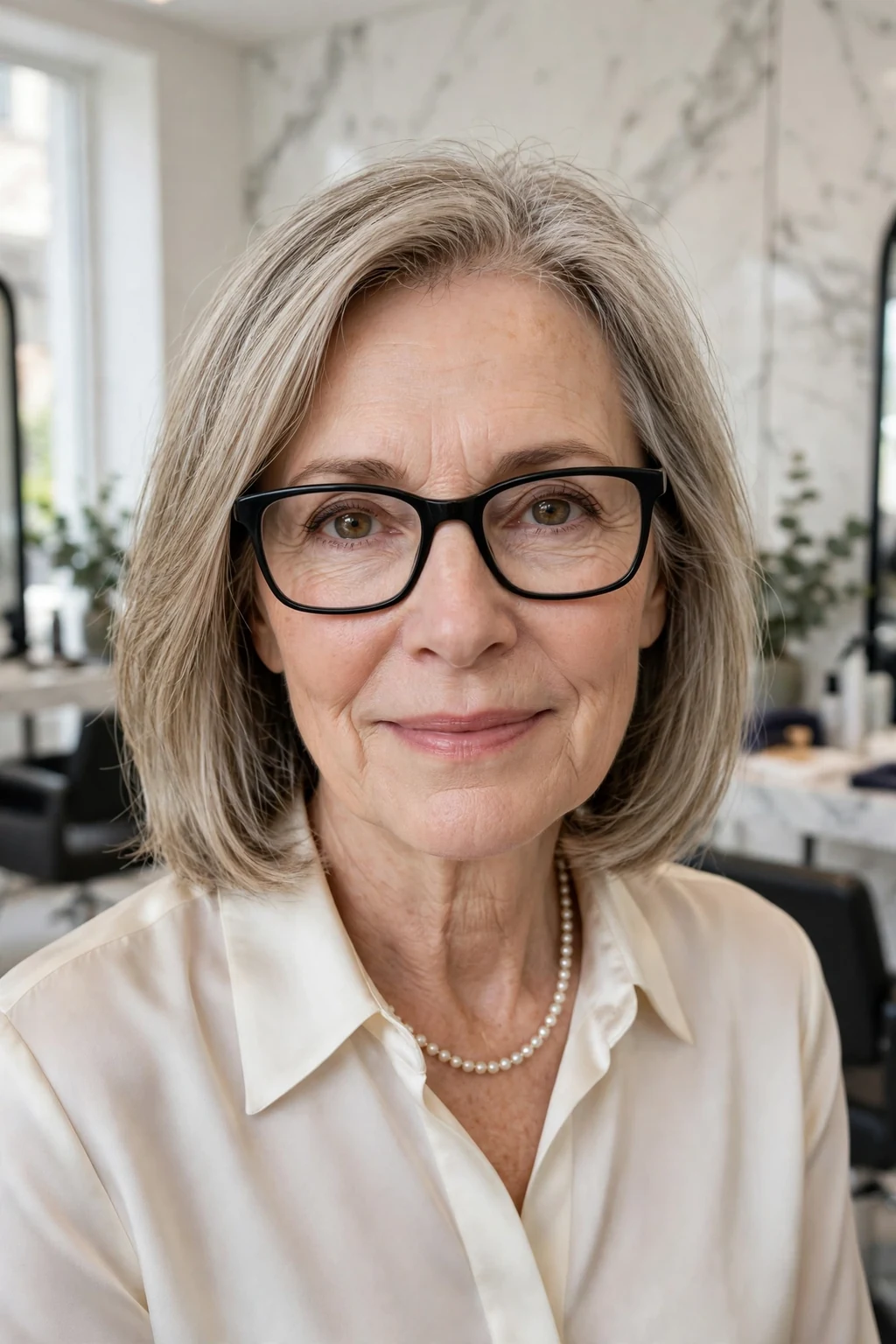 Elegant older woman with fine hair and glasses and classic shoulder-length cut, timeless beautiful style, salon light.