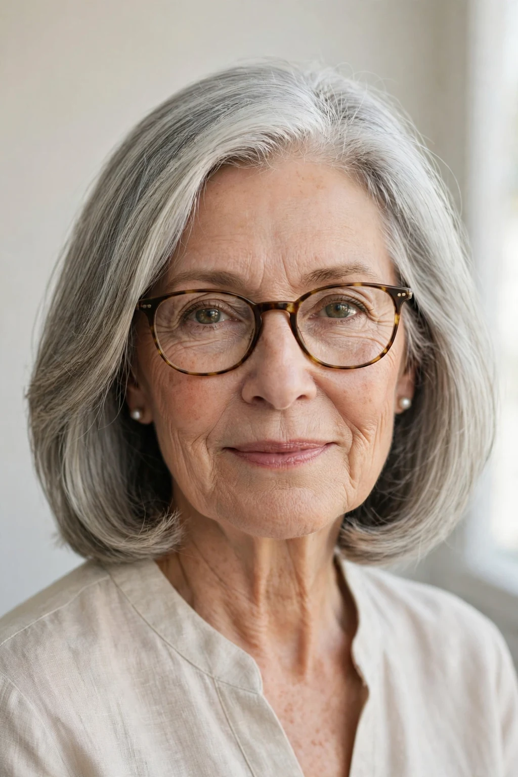Elegant older woman with glasses and classic shoulder-length cut, timeless beautiful style, salon light.