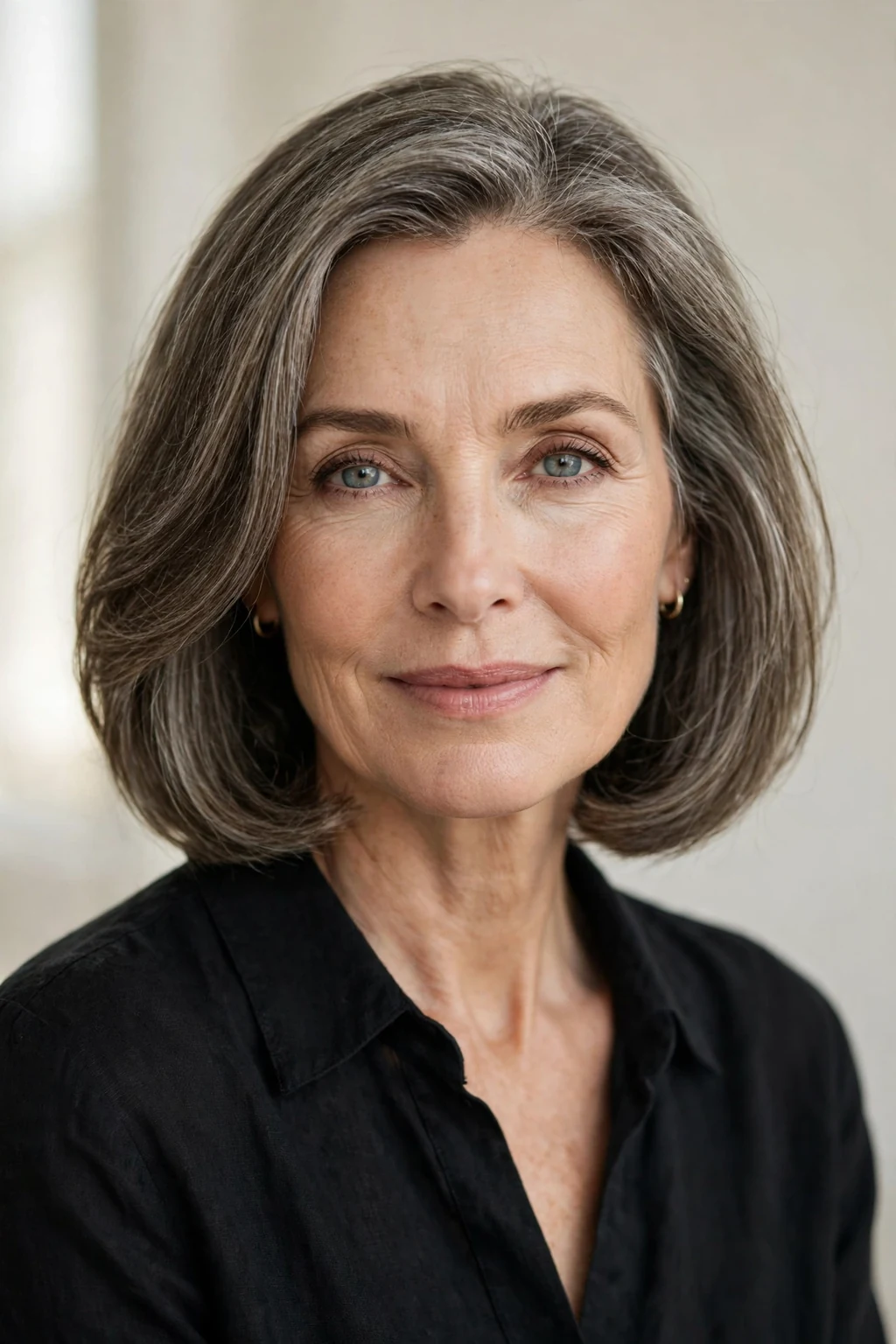 Elegant older woman with classic shoulder-length cut, timeless beautiful style, salon light.