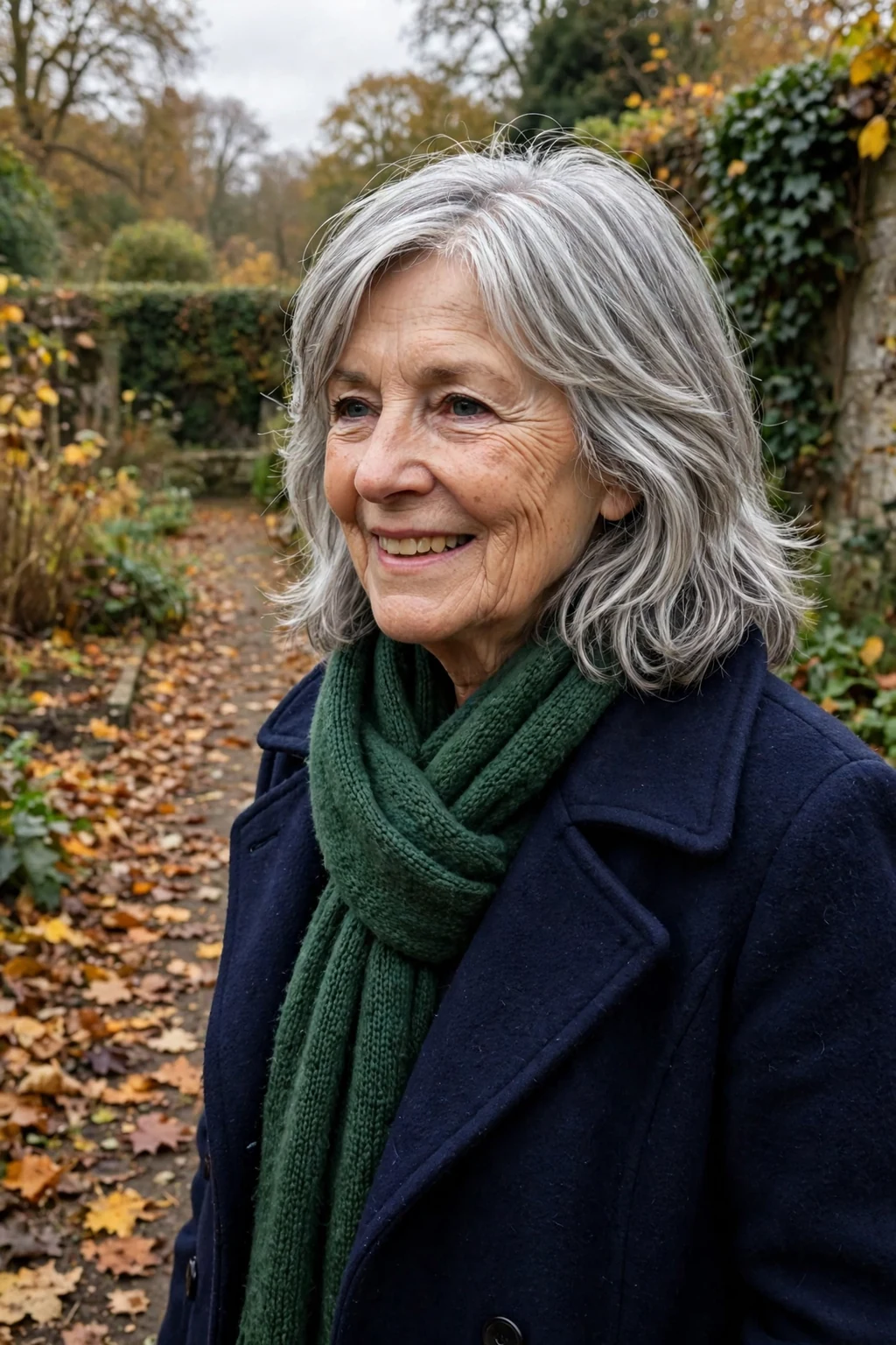 Mature British woman in her early sixties with a classic shoulder-length layered haircut, wearing a navy wool coat on an autumn garden path.