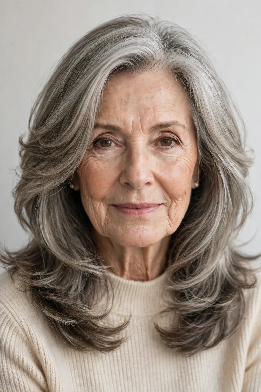 Elegant woman over 70 with classic shoulder-length layers, beautiful flowing hair, salon light.