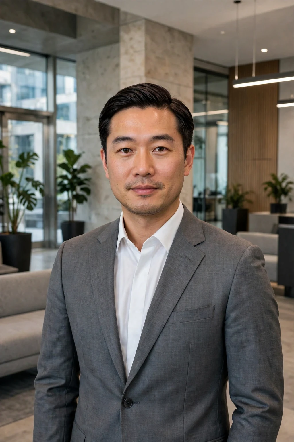Man in his late 30s with a classic side part haircut, wearing a gray suit in an office lobby.