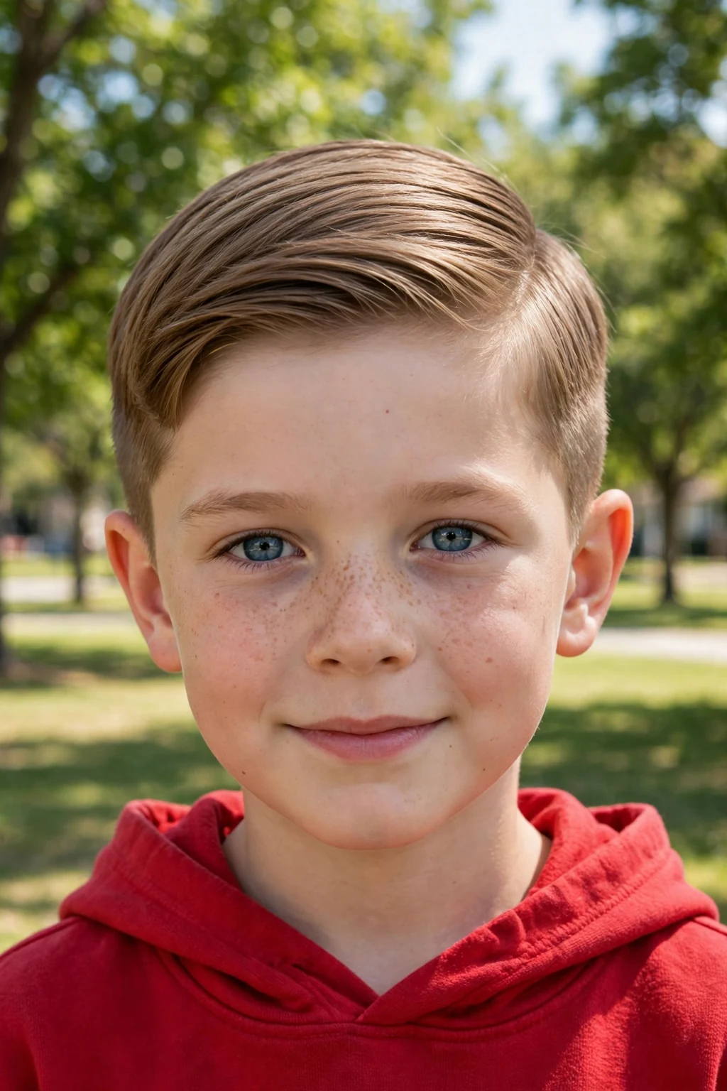 A school-age boy with a neat classic side part haircut, combed to one side with tapered sides, standing in a park wearing a red hoodie.