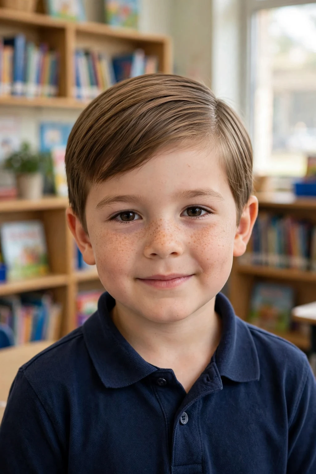 A young boy with a neat classic side part hairstyle smiling for his school picture.