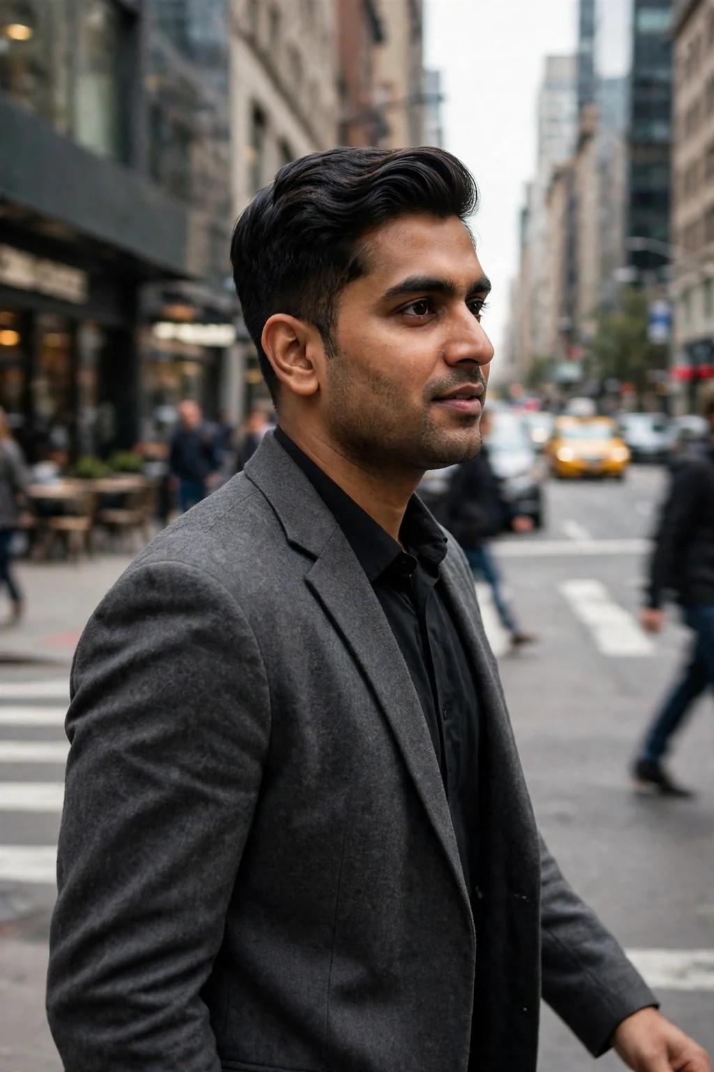 Young man with a classic side part for thick hair, wearing a charcoal suit jacket on a city street.