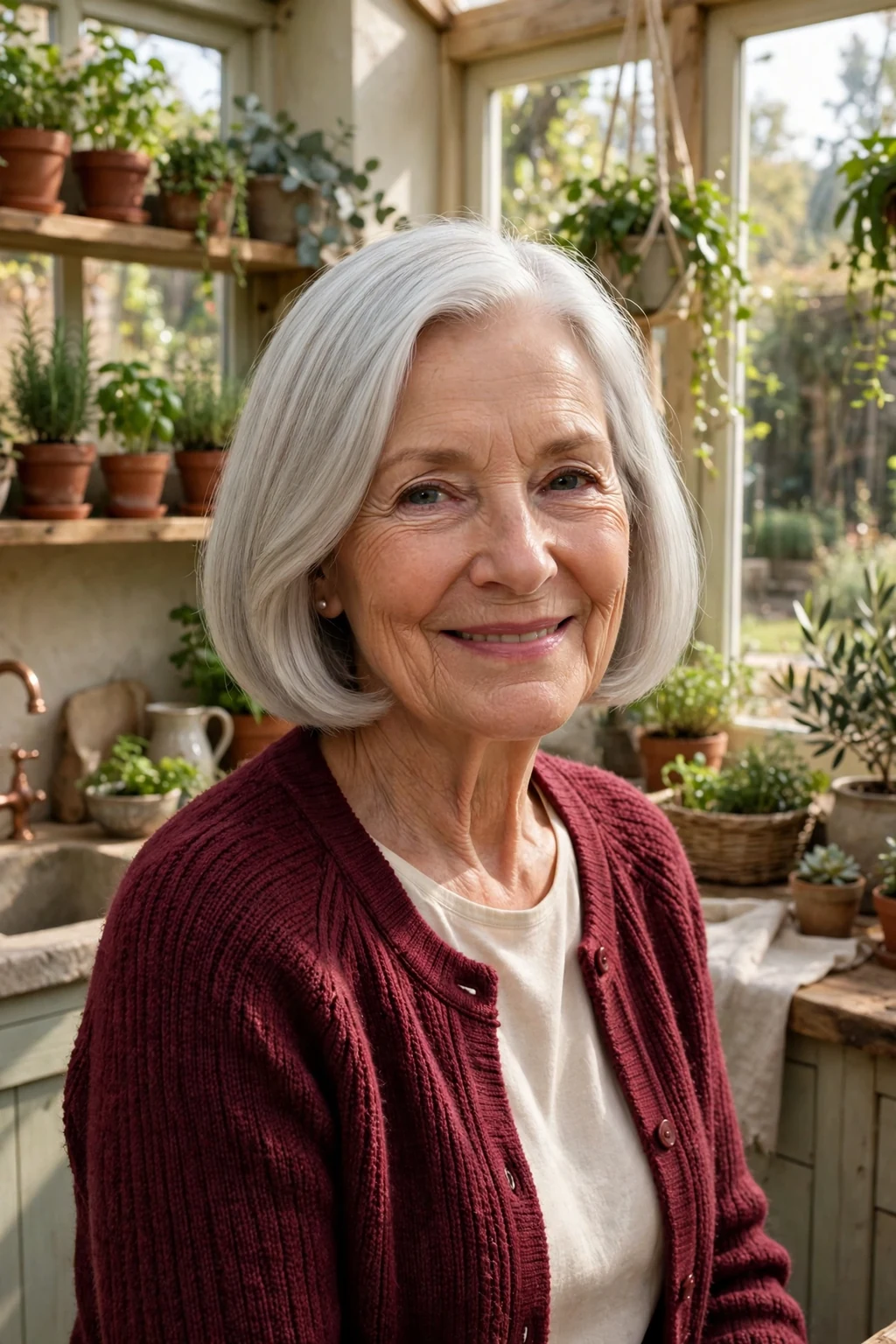 Elegant woman over seventy with a classic silver bob haircut, smooth and polished.