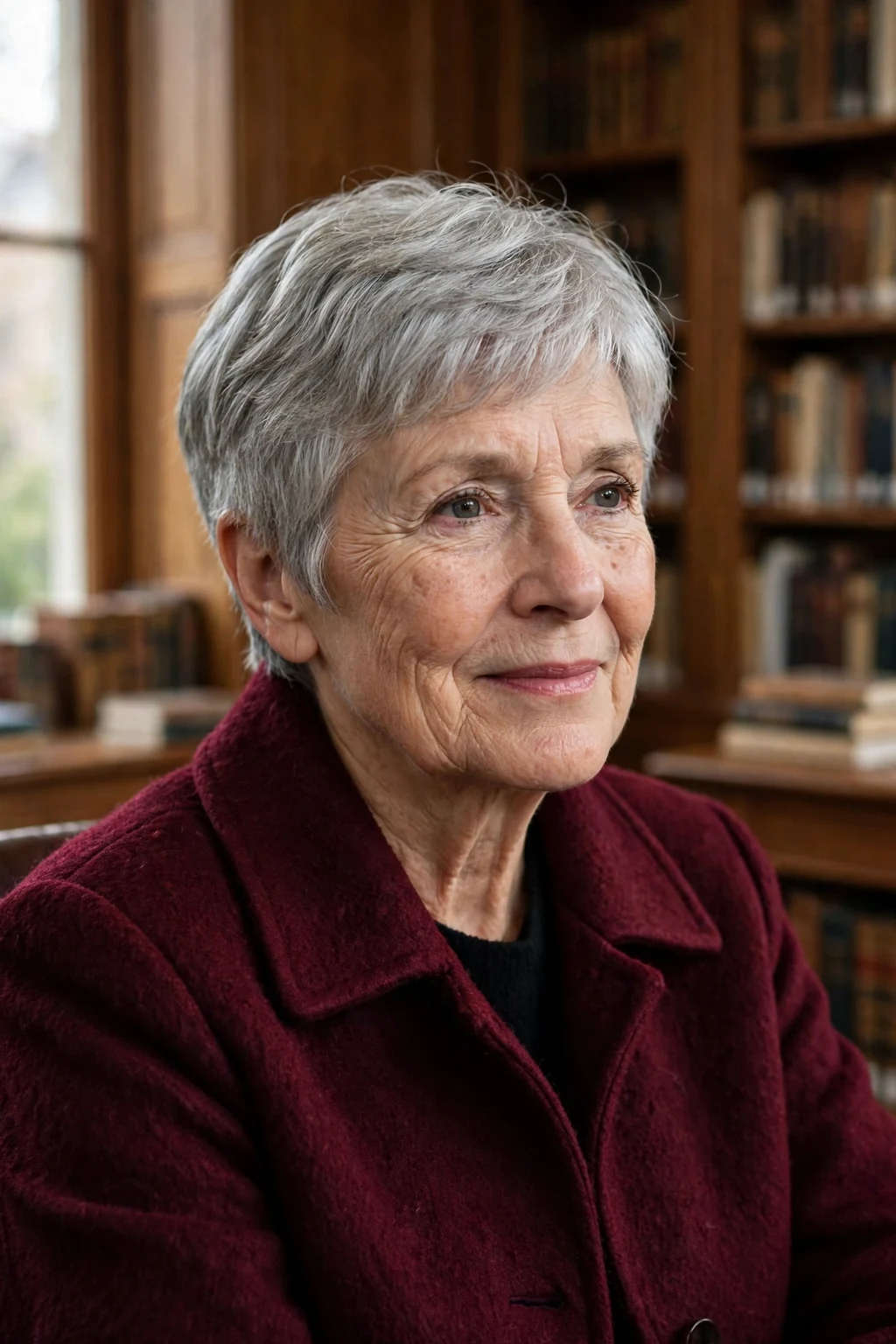 A mature woman in her late 60s with a classic silver pixie cut, wearing a deep burgundy coat in a library.