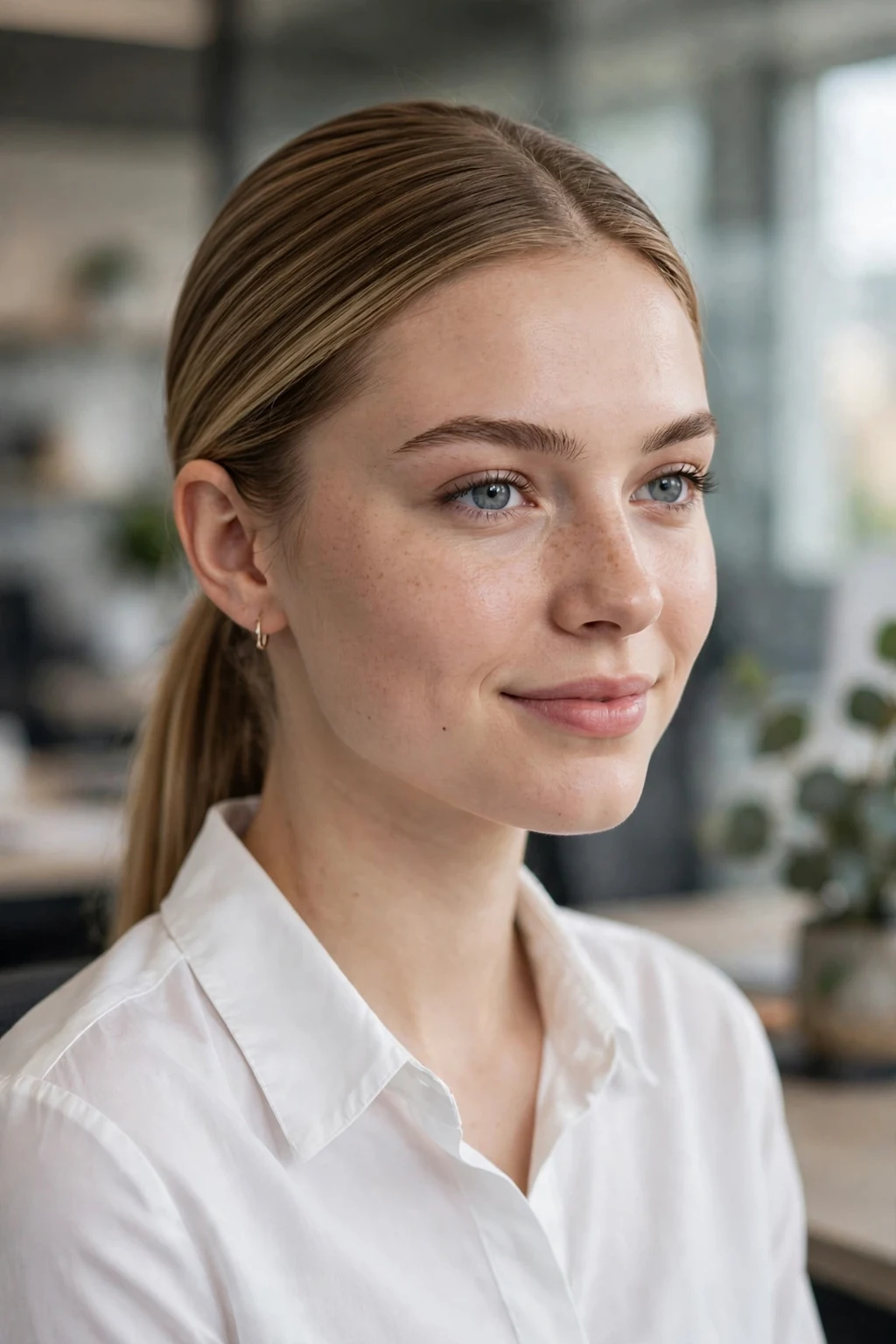Beautiful woman with classic sleek low pony, timeless sleek low ponytail, salon light.