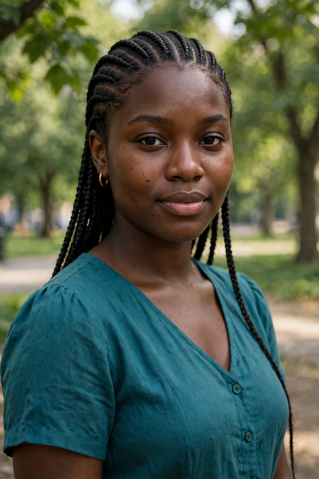 Young Black woman with classic straight-back cornrows in a park, wearing a teal dress.