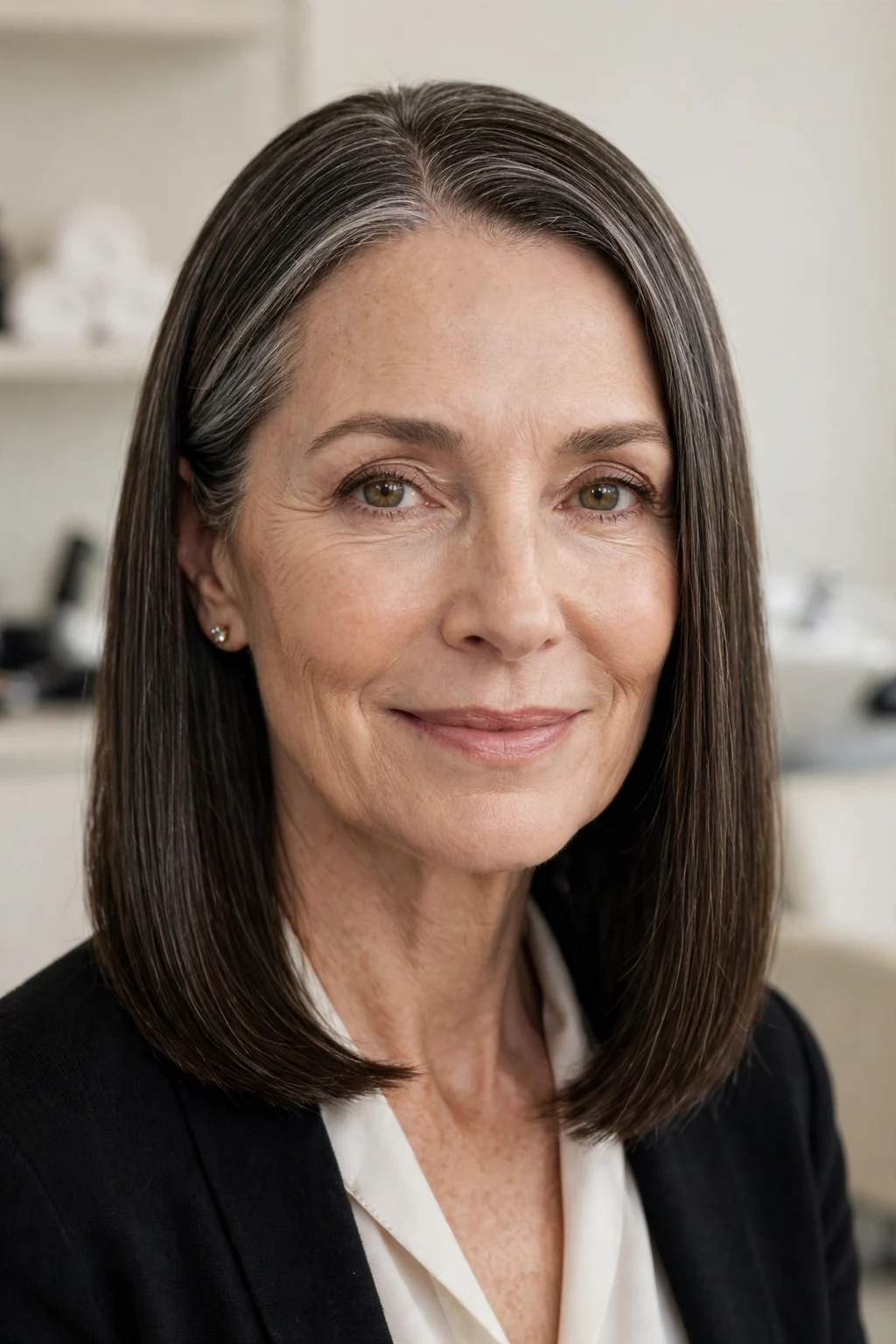 Elegant woman over 50 with classic straight shoulder cut, sleek refined hair, polished light.