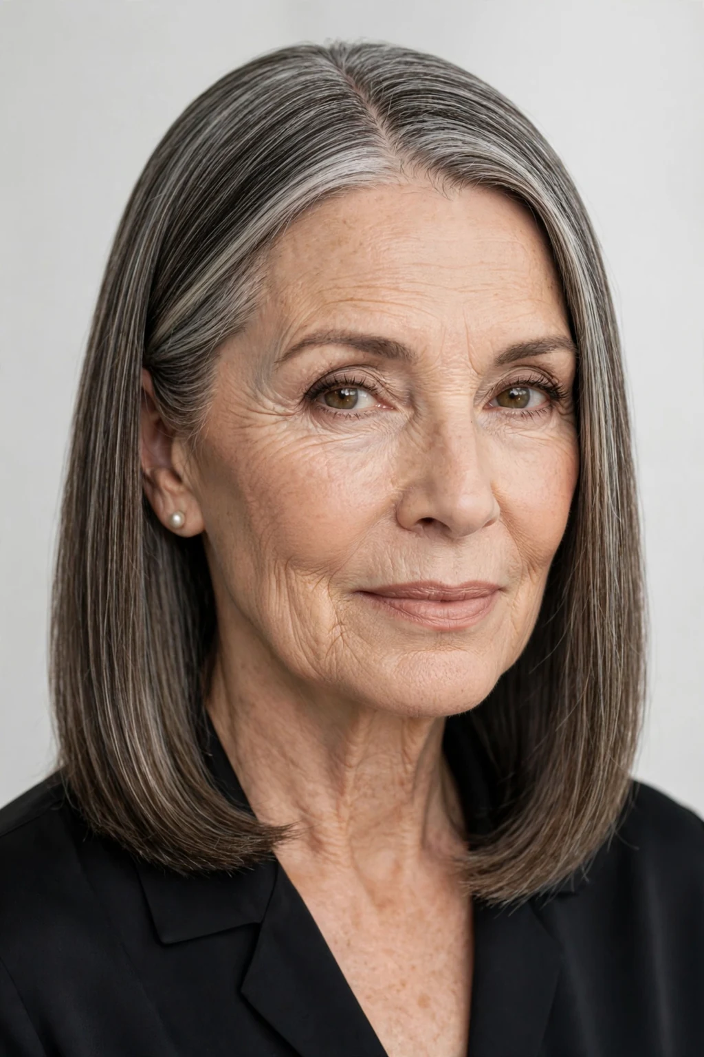 Elegant woman over 60 with classic straight shoulder cut, sleek refined hair, polished light.