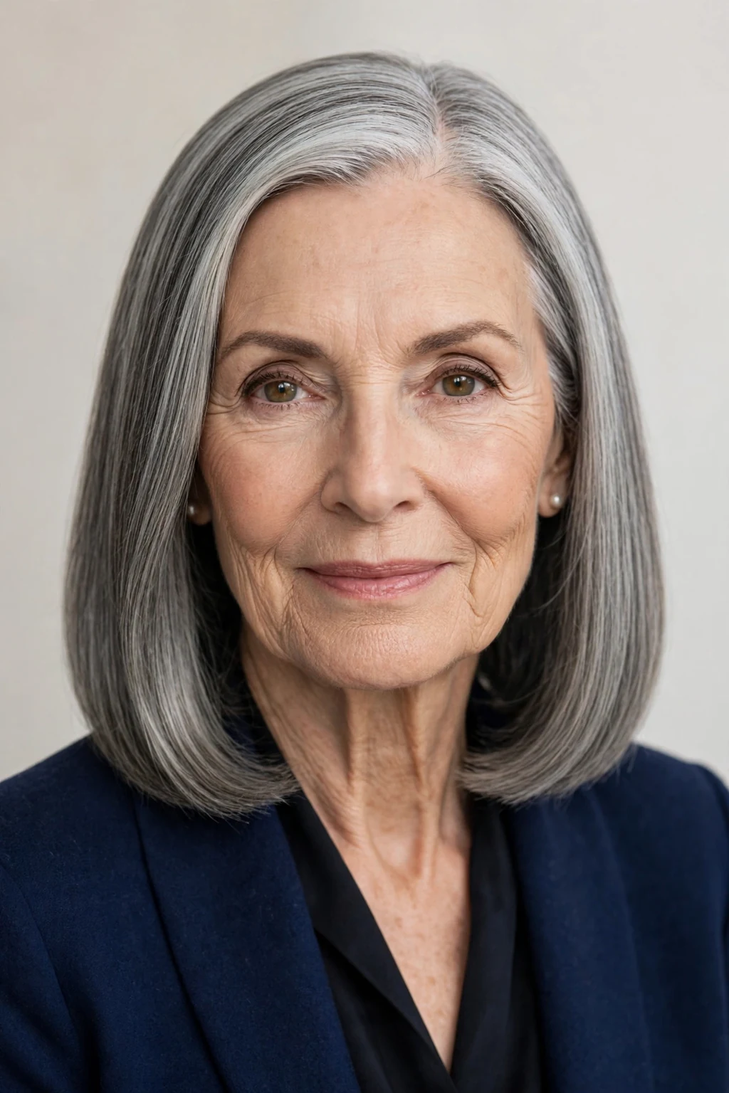 Elegant woman over 70 with classic straight shoulder cut, sleek refined hair, polished light.