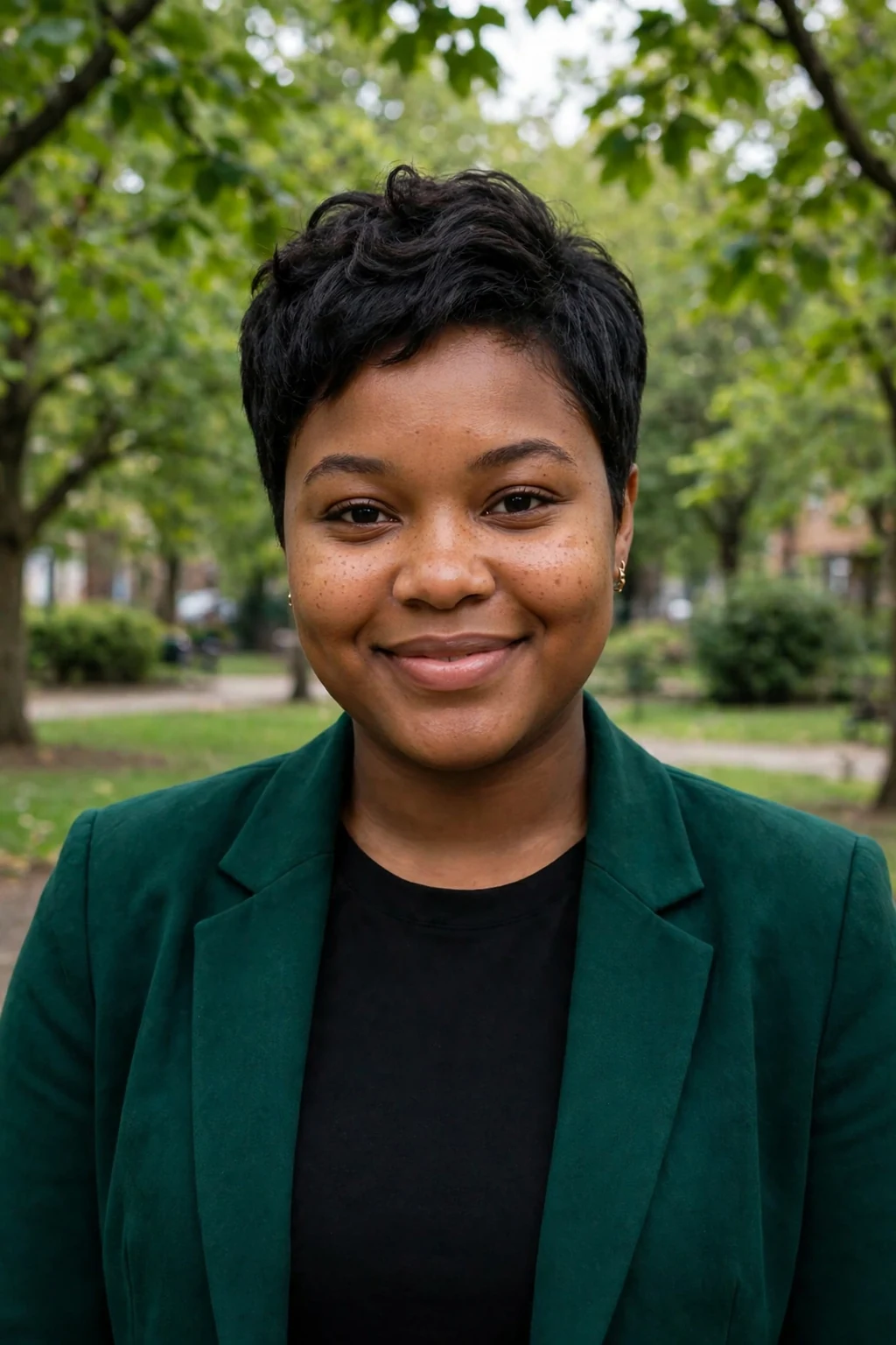 A young woman with a classic tapered pixie haircut, neatly tapered sides and soft textured length on top.